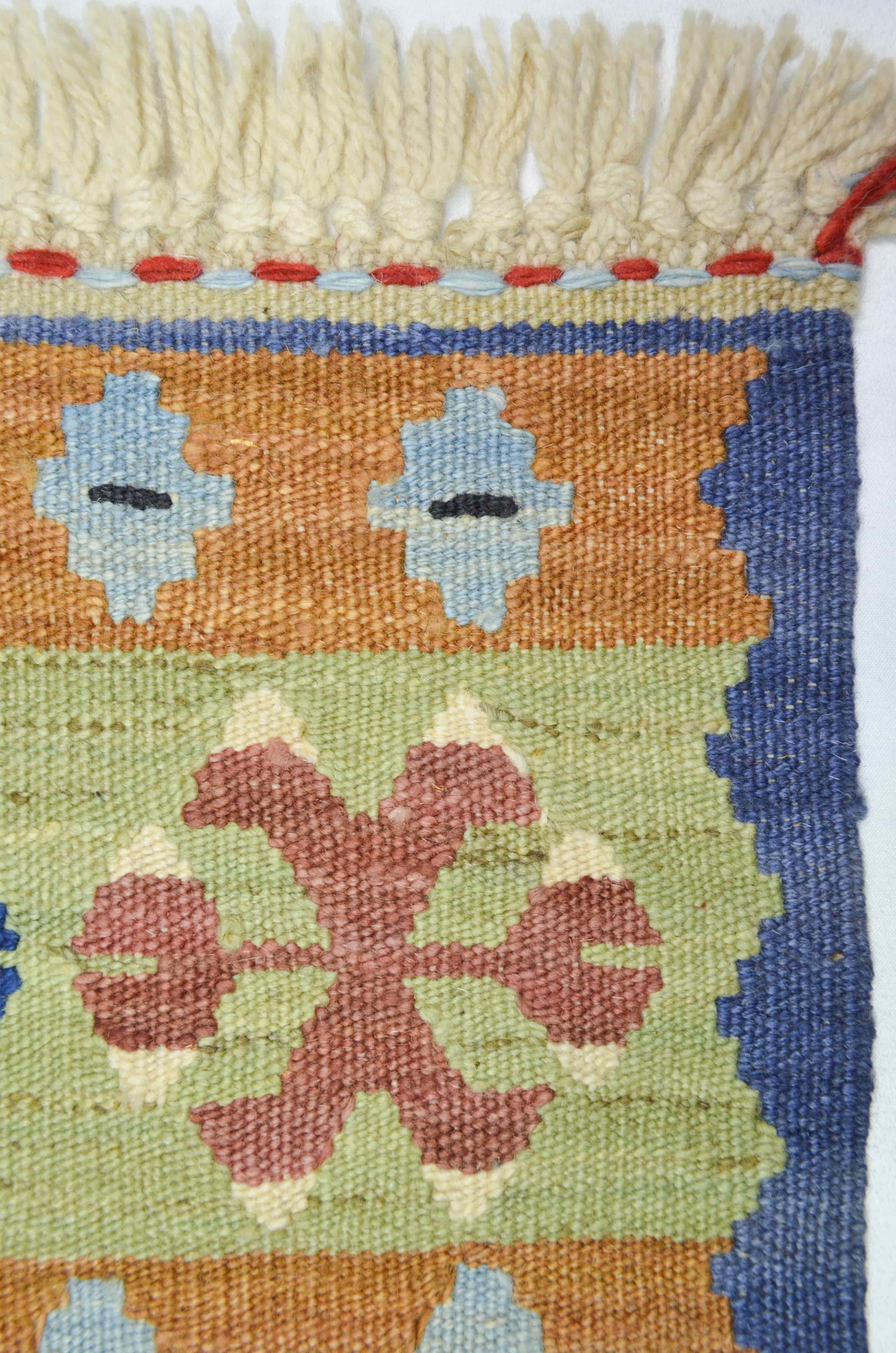 Yünden El Dokuma Turuncu ve Mavi Renk İnce Kök Kilim 40x40 cm (0.16 m²)