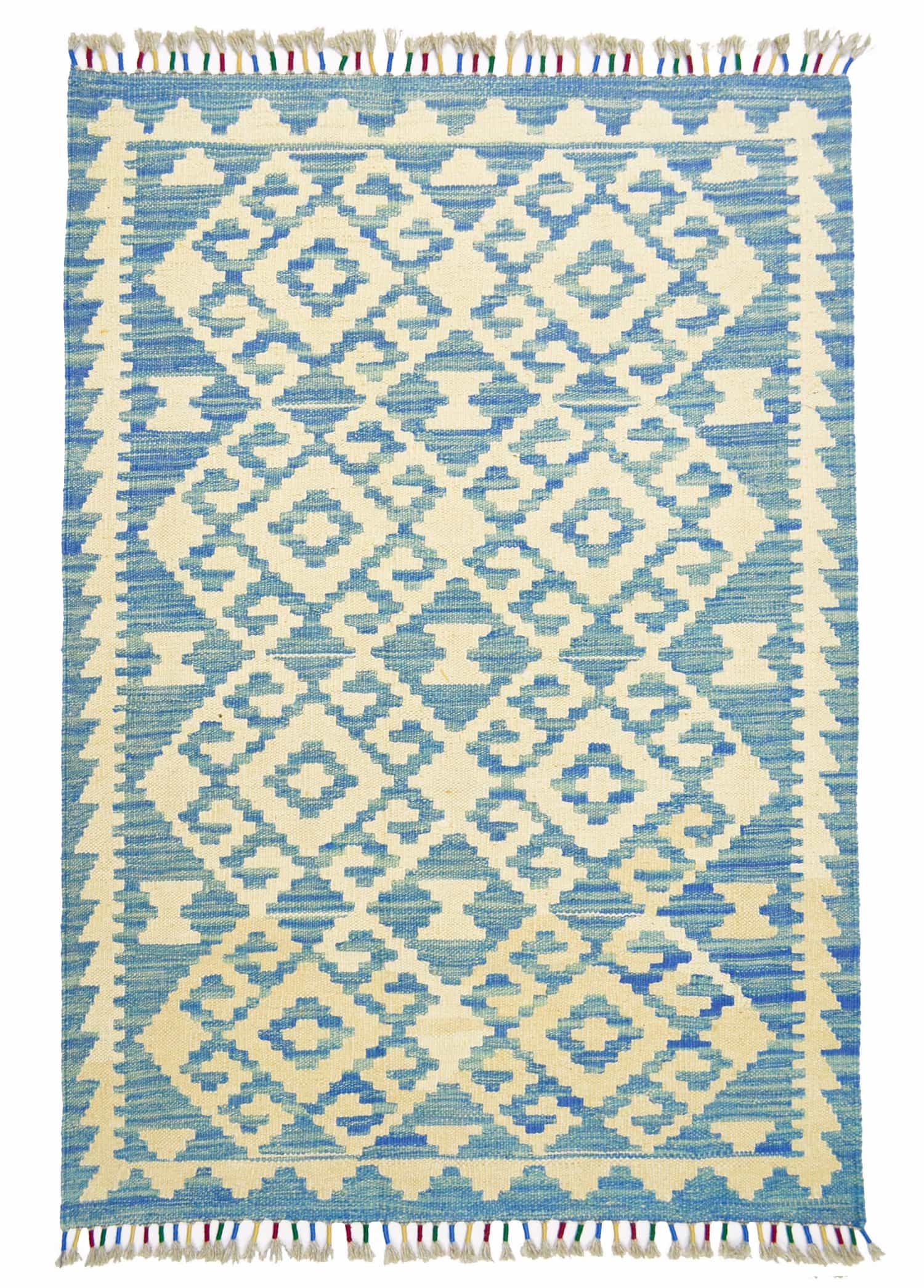 Yün İplikten El Dokuma Krem ve Mavi Renk Afgan Kilim 83x127 cm (1.05 m²)