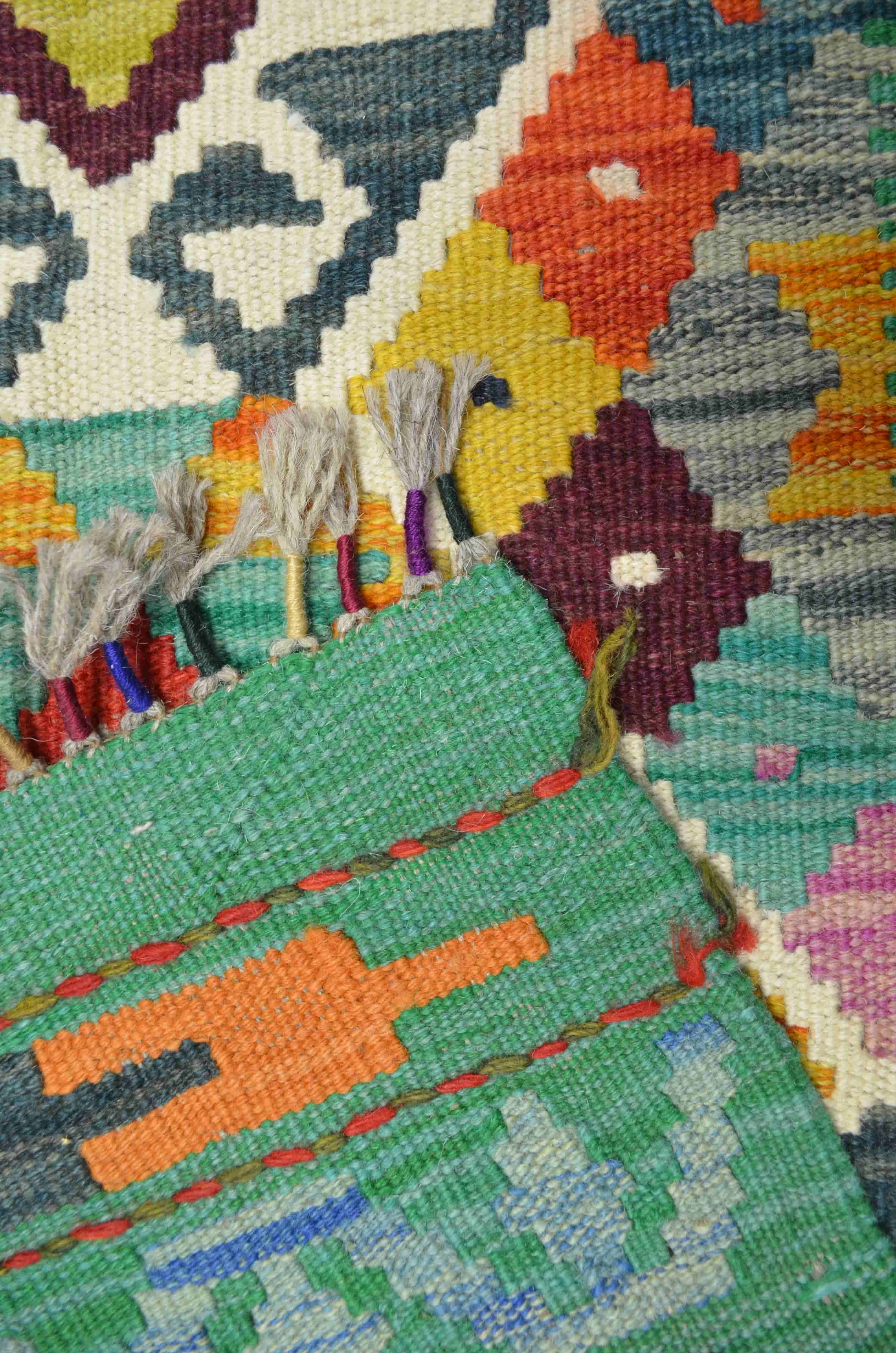 Yün İplikten El Dokuma Yeşil Afgan Kilim Yolluk 56x200 cm (1.12 m²)