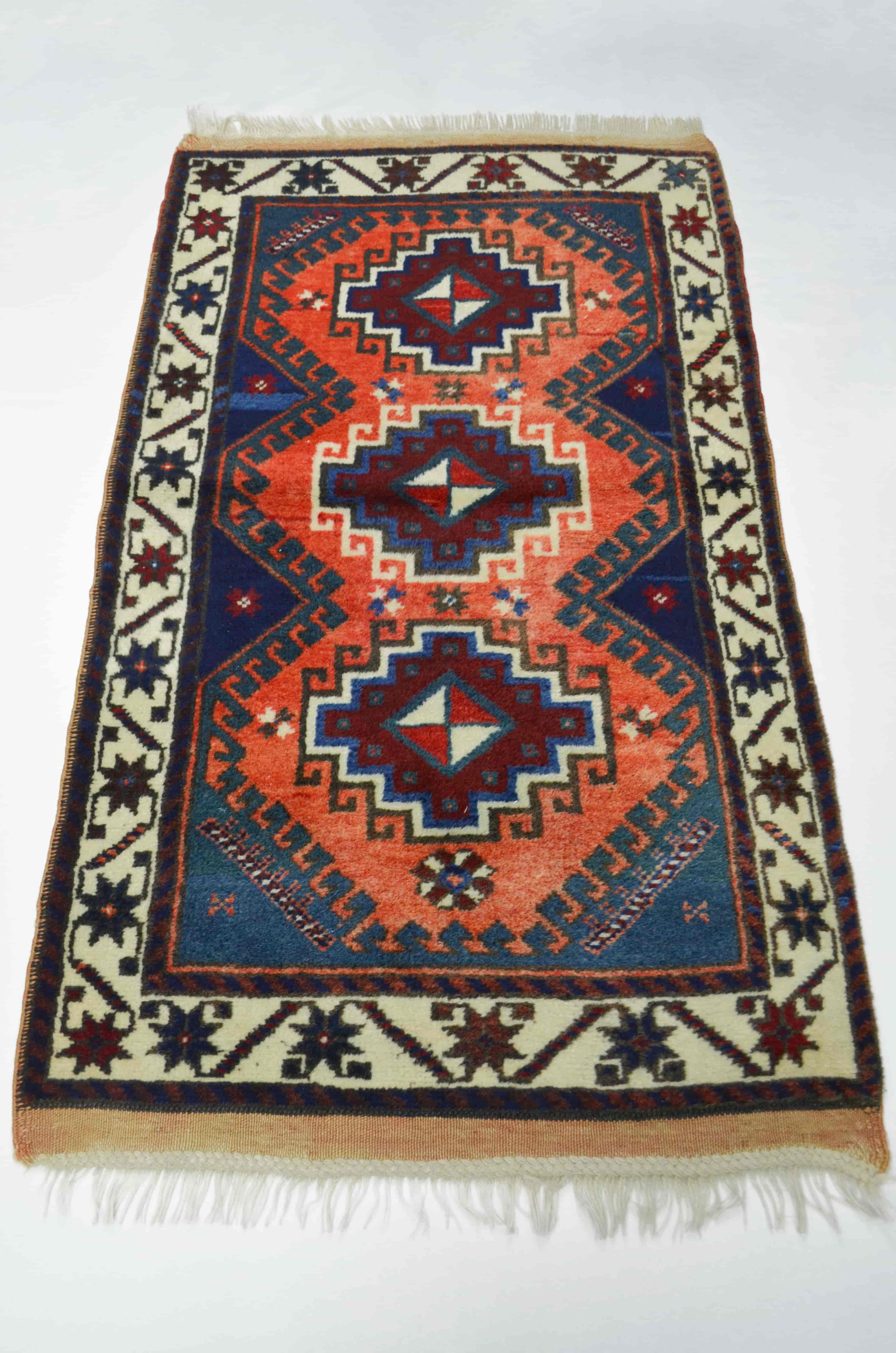 Antalya Döşemealtı El Dokuma Halı Turuncu ve Lacivert Renk 73x115 cm (0.84 m²)