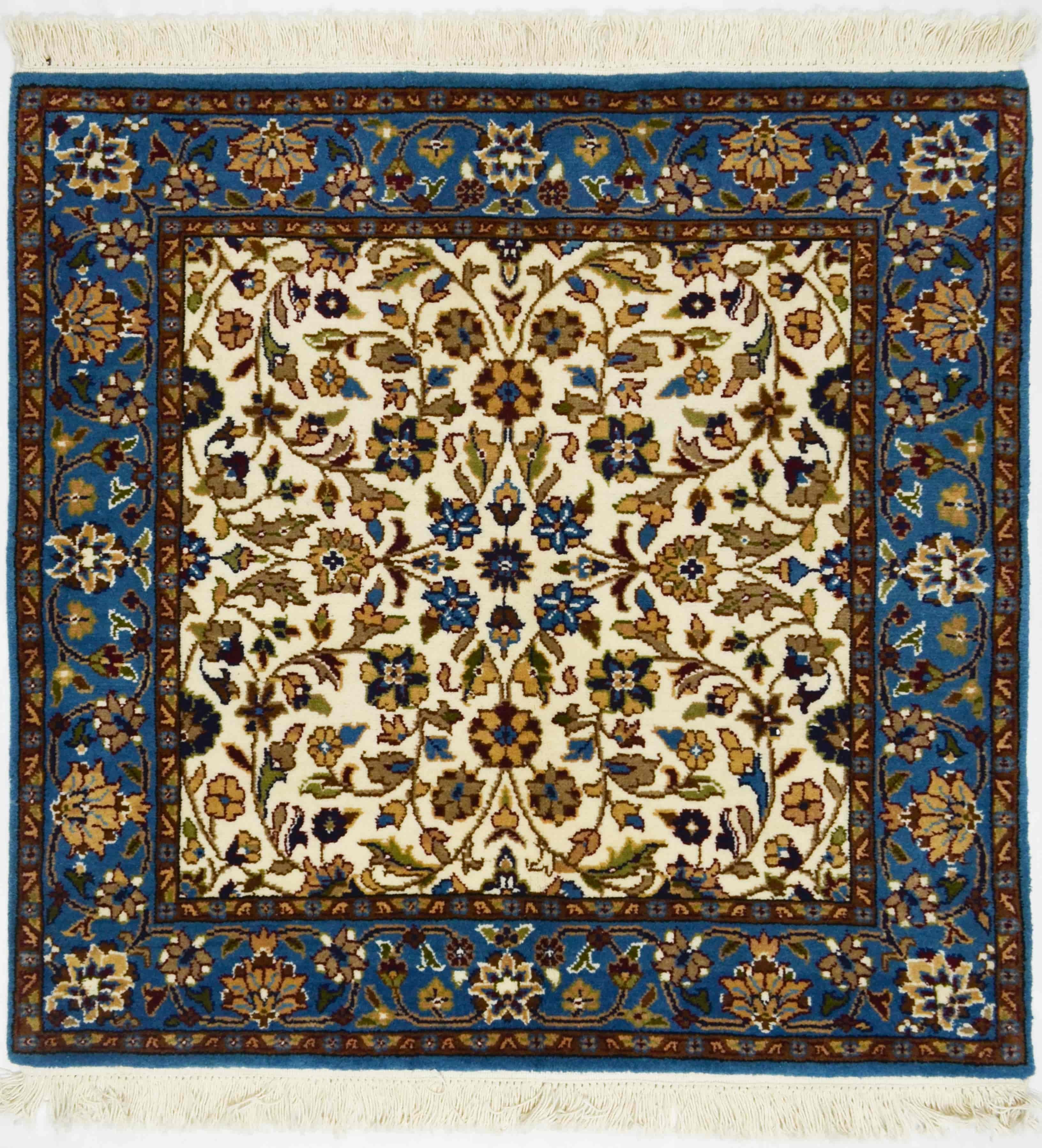 İran El Dokuma Kare Krem ve Mavi Renk Yün Halı 100x100 cm (1 m²)