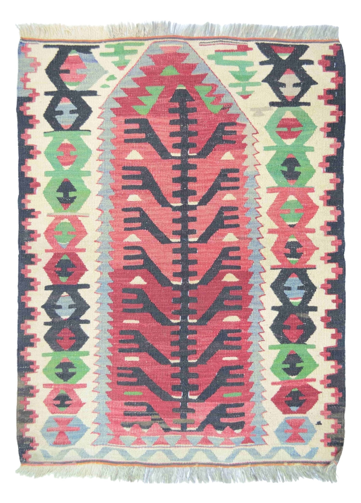 Uşak El Dokuma Hayat Ağacı Desenli Kırmızı ve Yeşil Renk Yün Kilim 71x93 cm (0,66 m²)