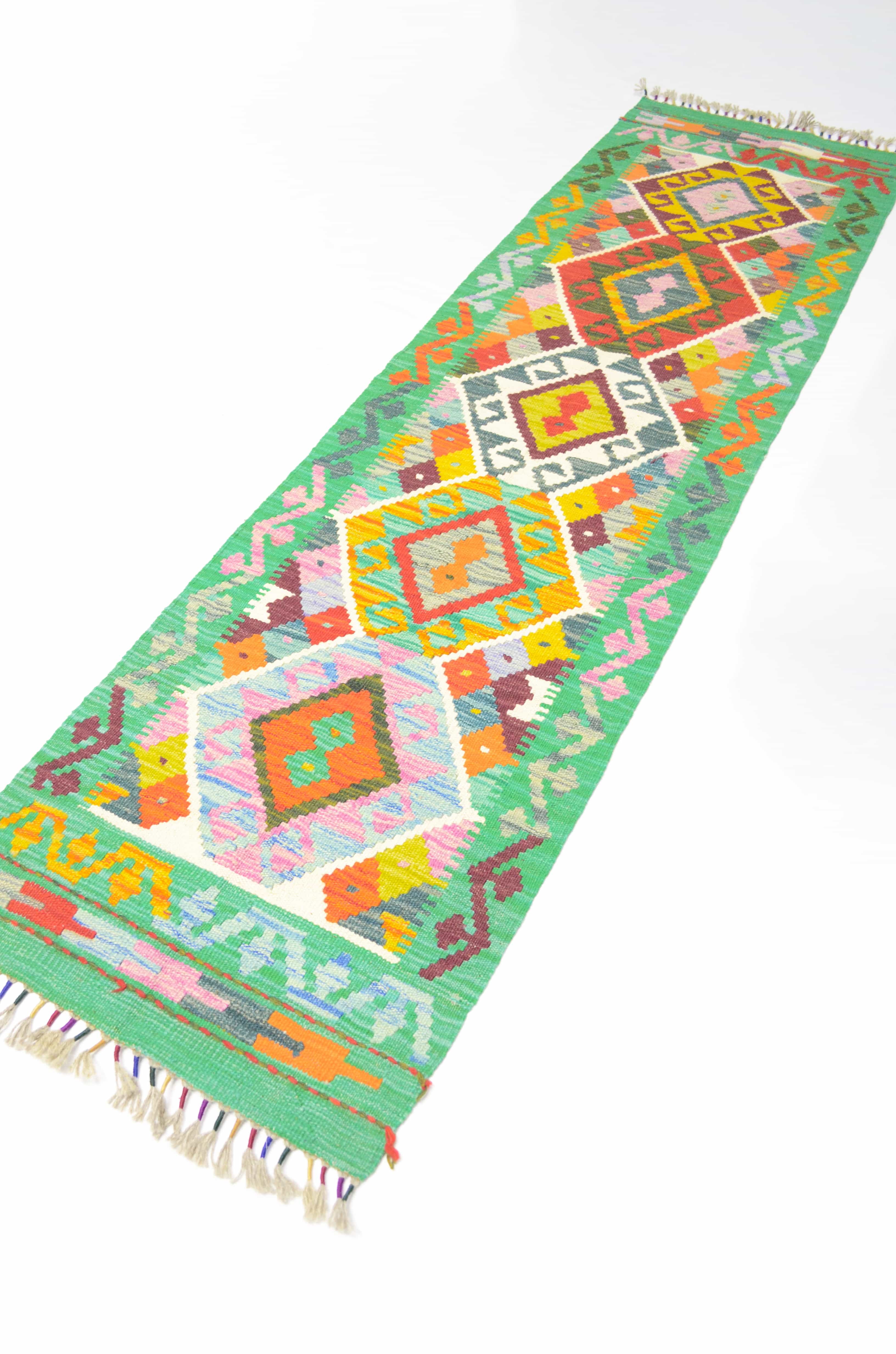 Yün İplikten El Dokuma Yeşil Afgan Kilim Yolluk 56x200 cm (1.12 m²)