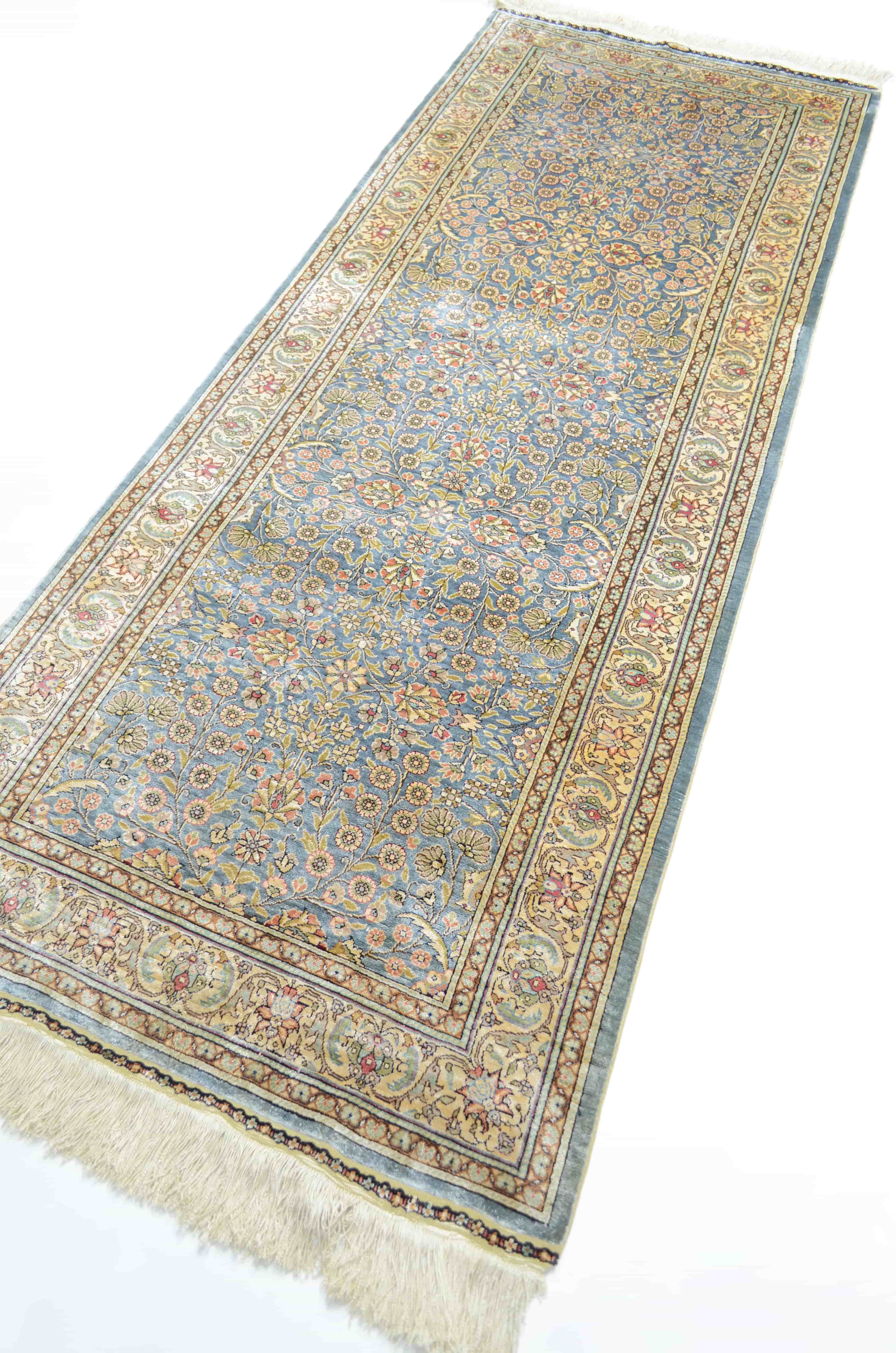 Saf İpekten El Dokuma Çelik Mavisi Kayseri Halısı Yolluk 85x220 cm (1.87 m²)