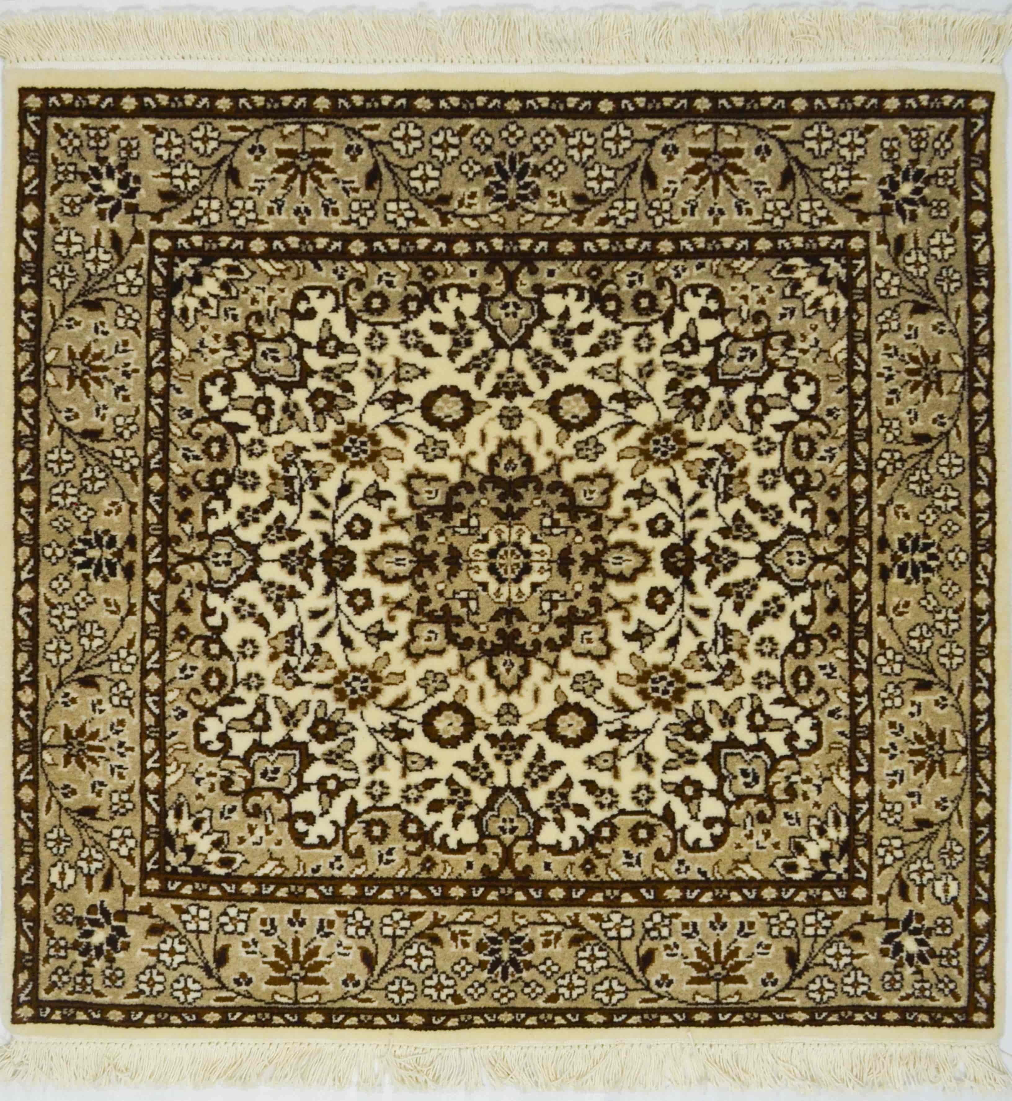 İran El Dokuma Madalyon Desenli Bej ve Kahverengi Yün Halı 100x100 cm (1 m²)