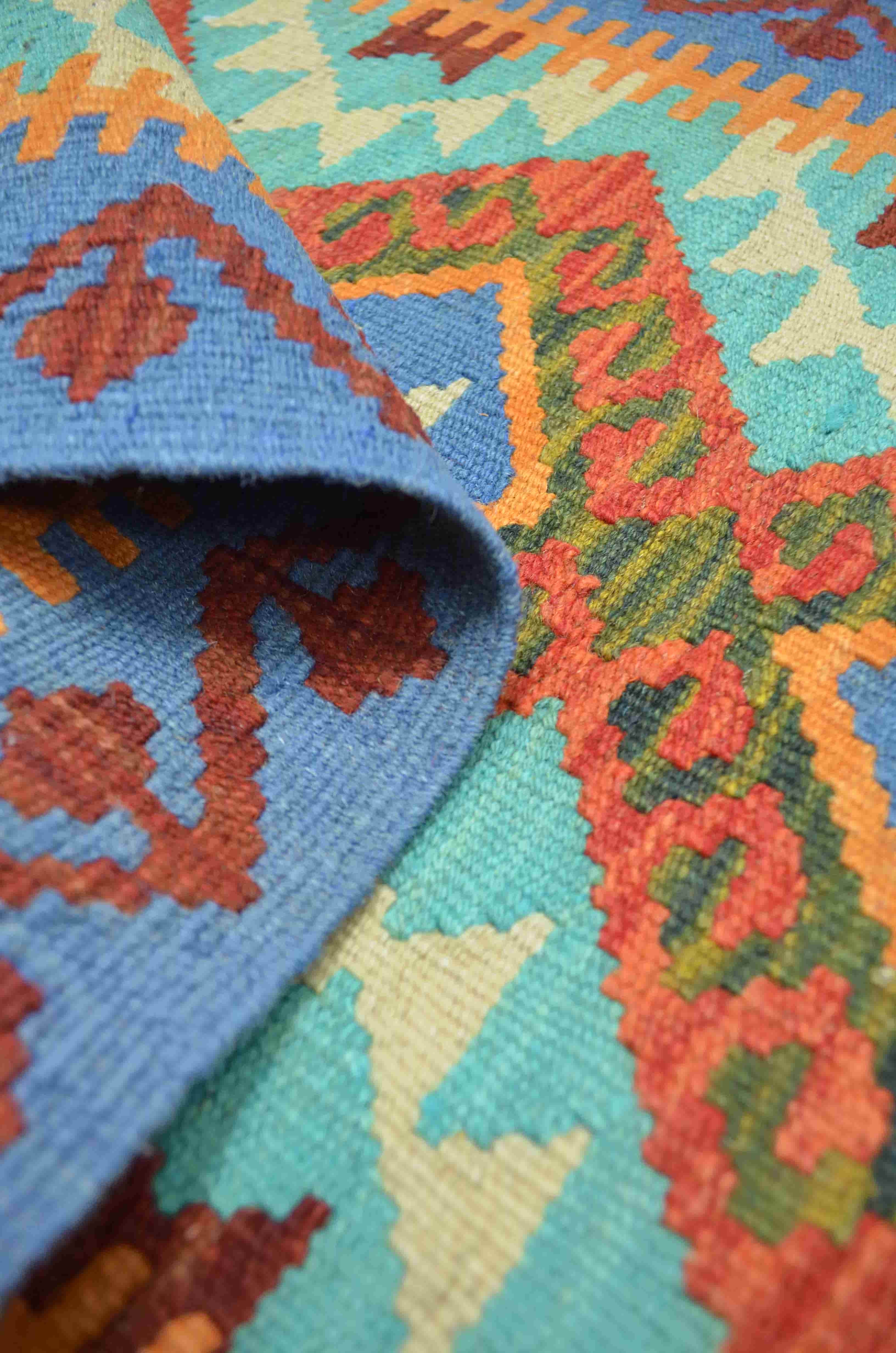 Yün İplikten El Dokuma Mavi ve Turuncu Renk Afgan Kilim 60x90 cm (0.54 m²)
