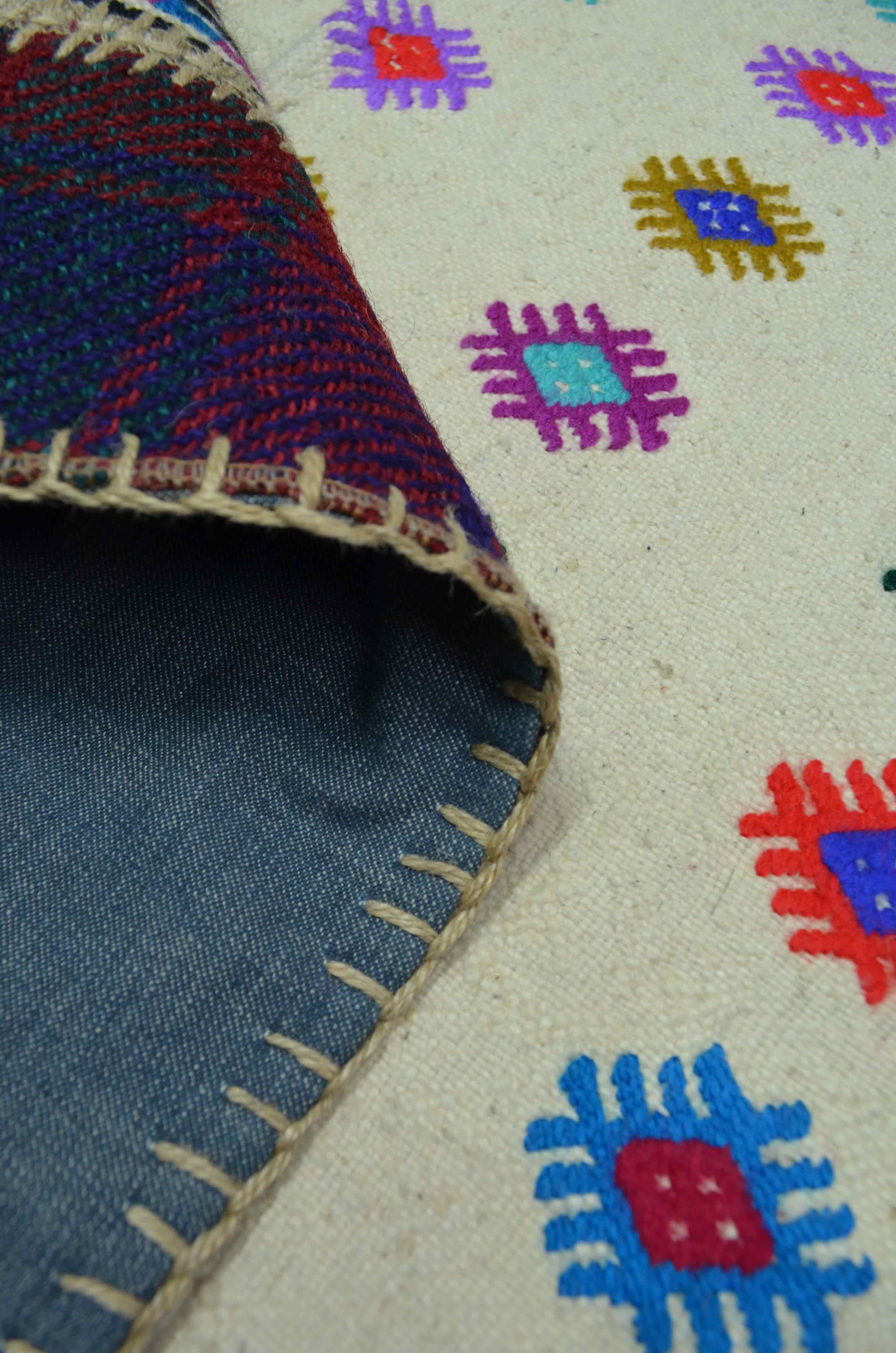 Patchwork El Dokuma Ekose Desenli ve Beyaz Renk Yün Kilim 85x105 cm (0.89 m²)