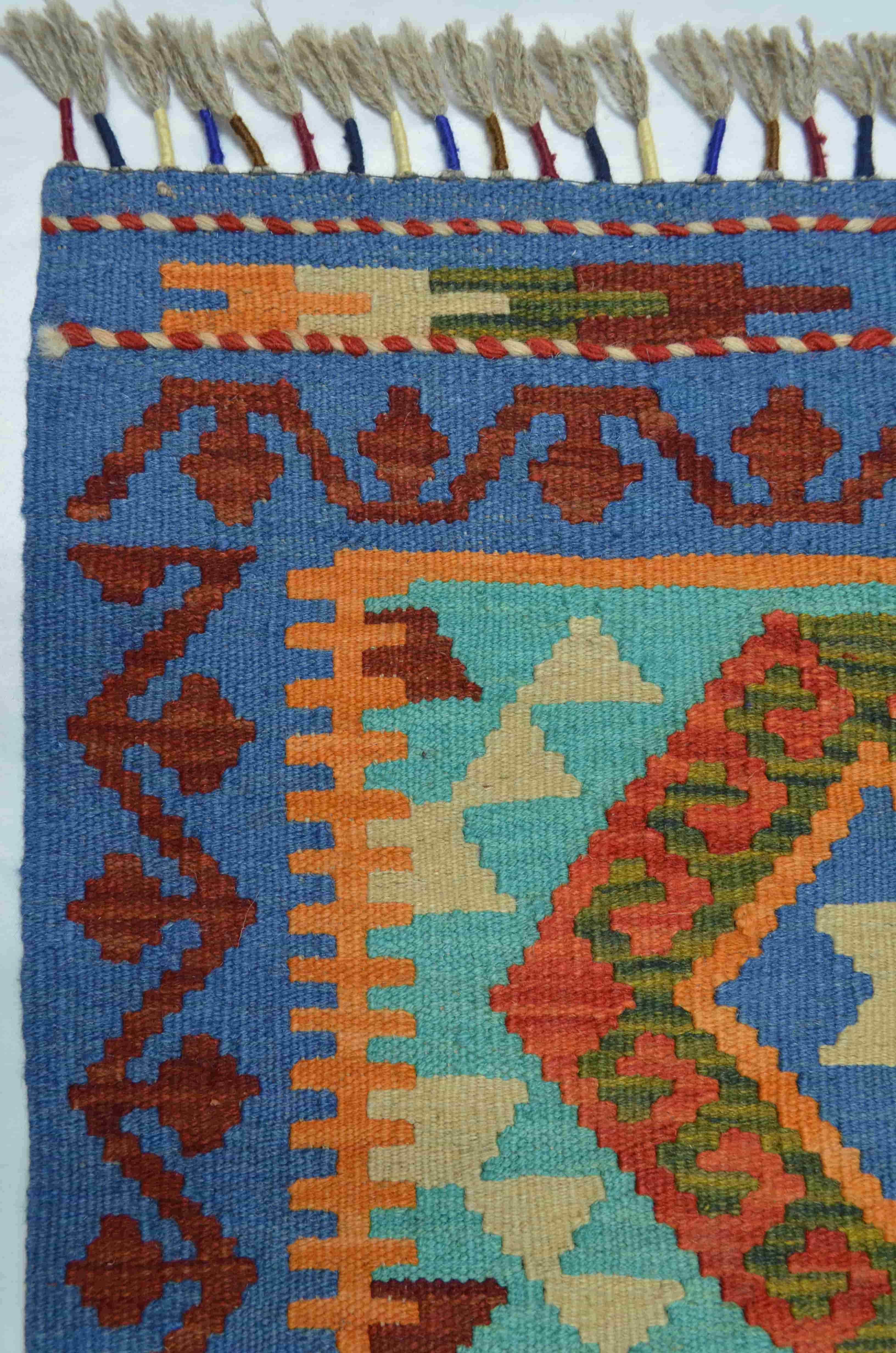 Yün İplikten El Dokuma Mavi ve Turuncu Renk Afgan Kilim 60x90 cm (0.54 m²)