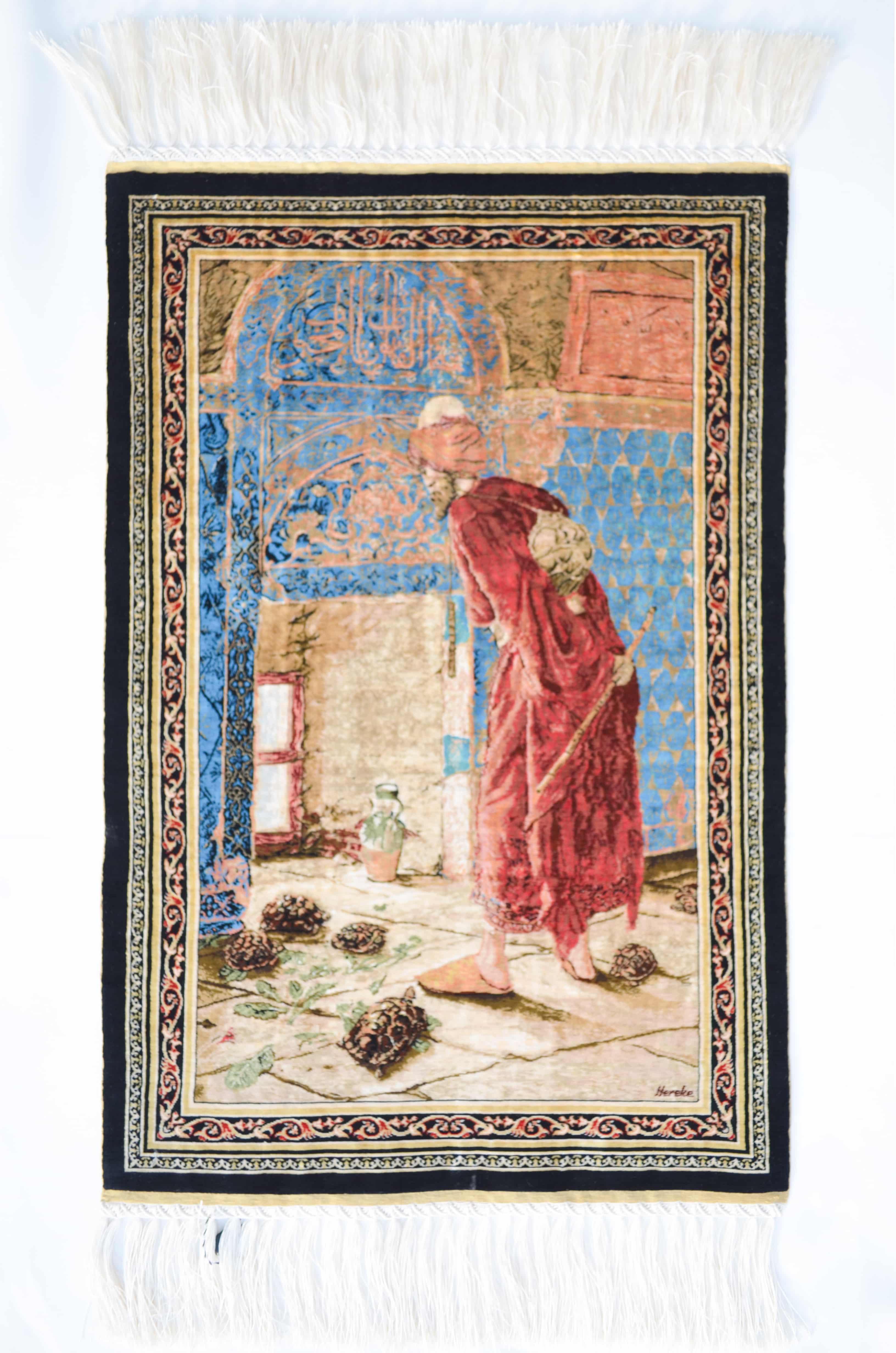 Kaplumbağa Terbiyecisi Desenli Saf İpek El Dokuma Duvar Halısı (33x50 cm)