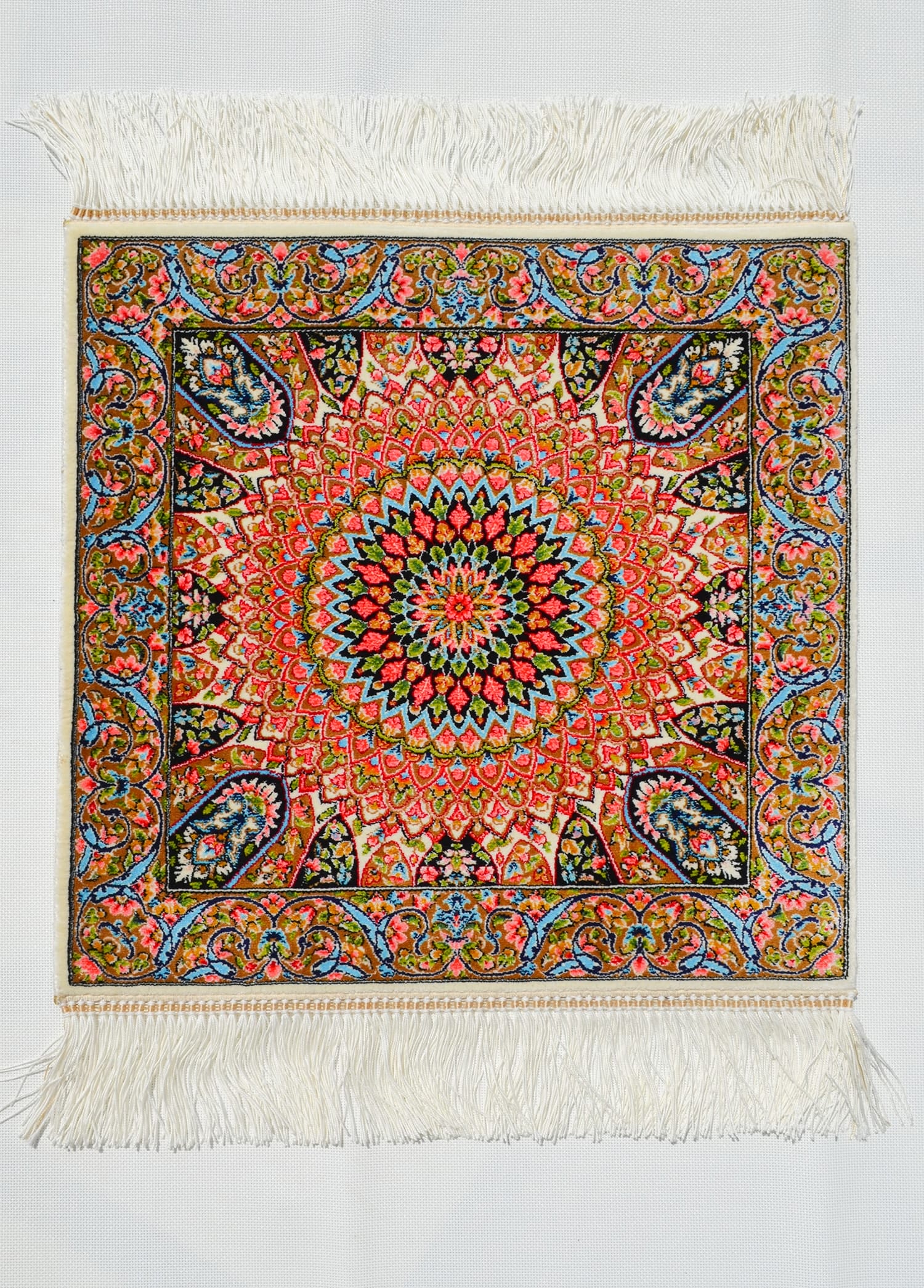 Geleneksel Desenli İpek Minyatür Halı 40x40 cm (0.16 m²) - Ekru Göbekli