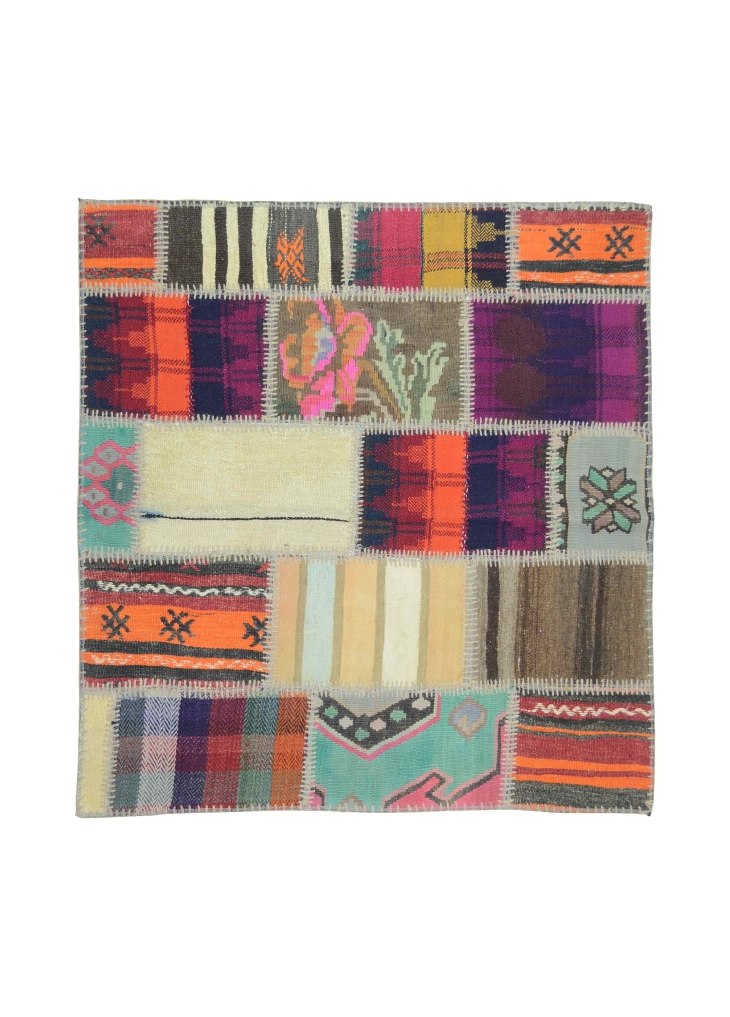 Patchwork El Dokuma Yün Kilim Karışık Renkli 102x103 cm (1.05 m²)