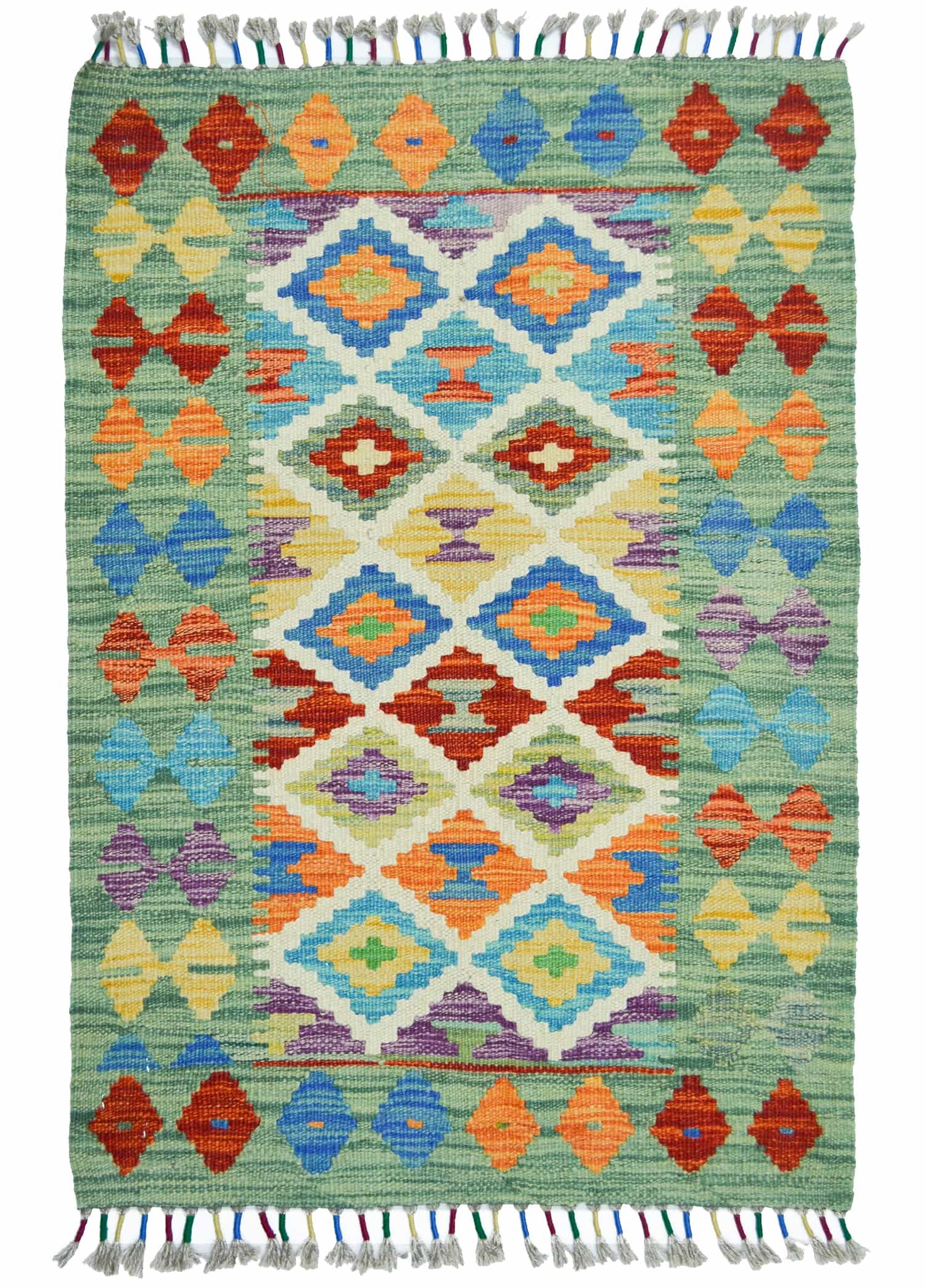 Yün İplikten El Dokuma Yeşil Renk Afgan Kilim 62x90 cm (0.56 m²)