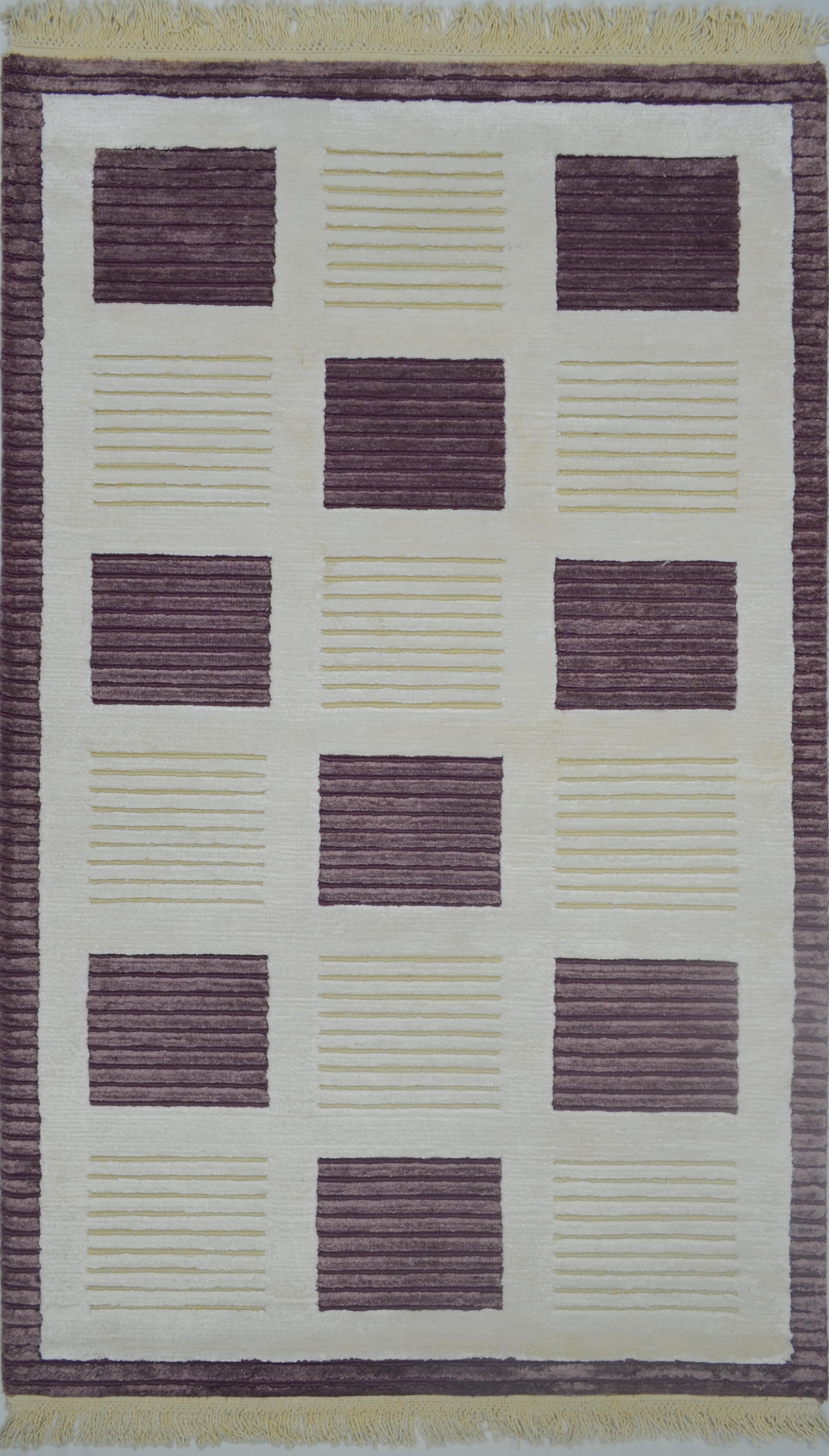 Yüksek Kalite Yünden El Dokuma Krem ve Mor Renk Nepal Halısı 80x150 cm (1.2 m²)