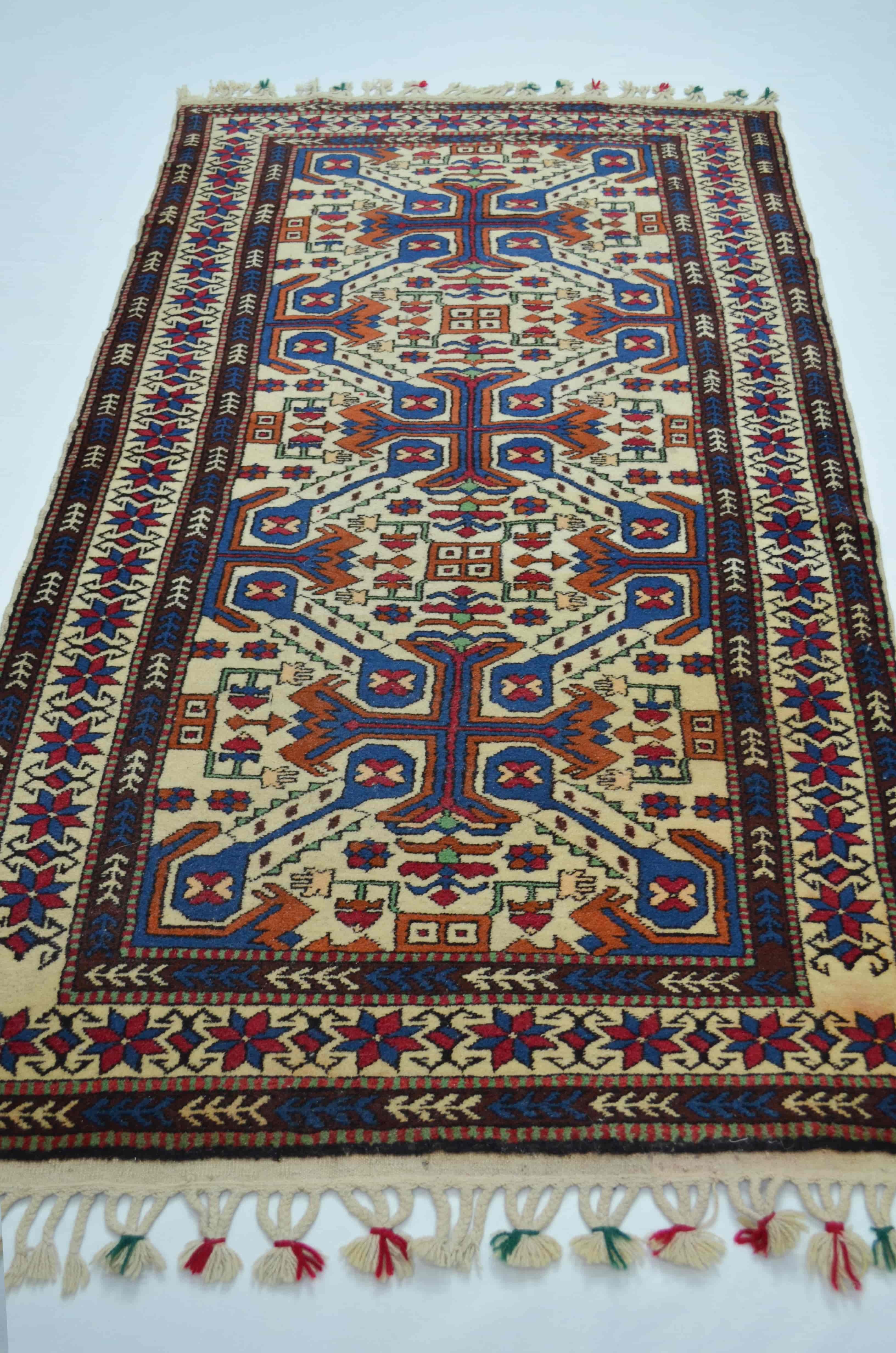 Demirci Yağcıbedir El Dokuma Halı Krem, Mavi ve Kiremit Renk 97x193 cm (1.87 m²)