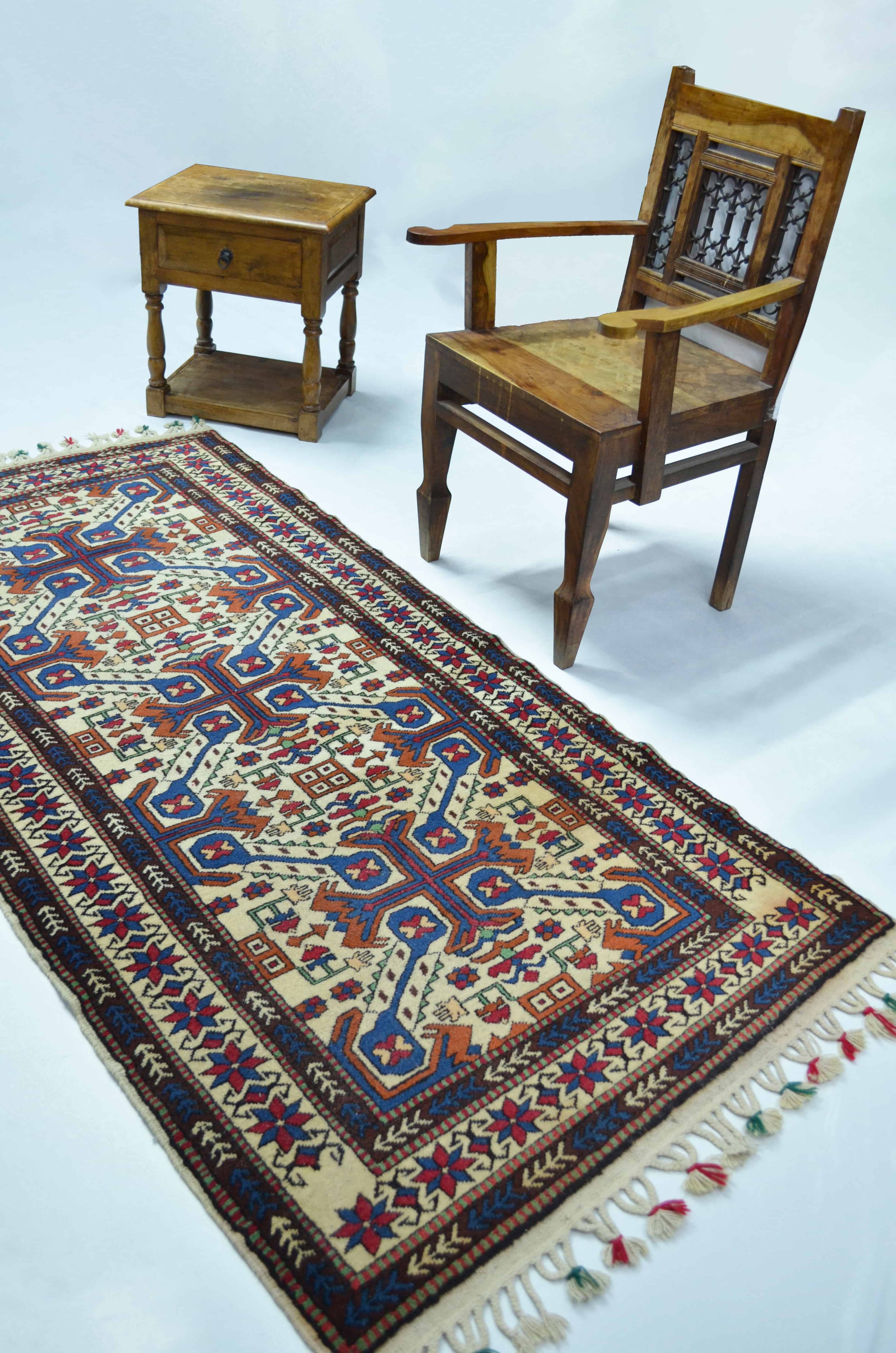 Demirci Yağcıbedir El Dokuma Halı Krem, Mavi ve Kiremit Renk 97x193 cm (1.87 m²)