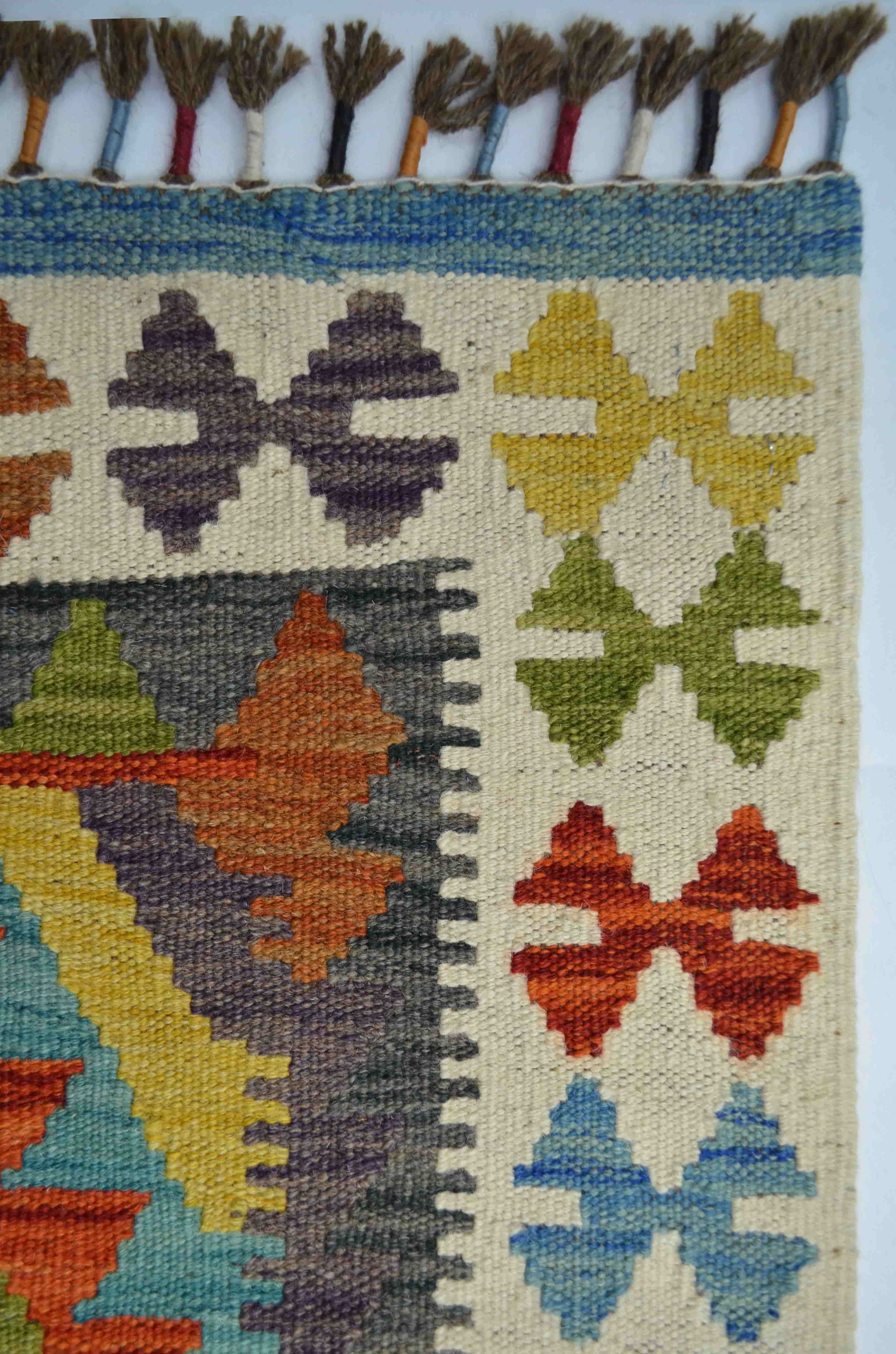 Yün İplikten El Dokuma Renkli Çift Taraflı Afgan Kilim 127x174 cm (2.21 m²)