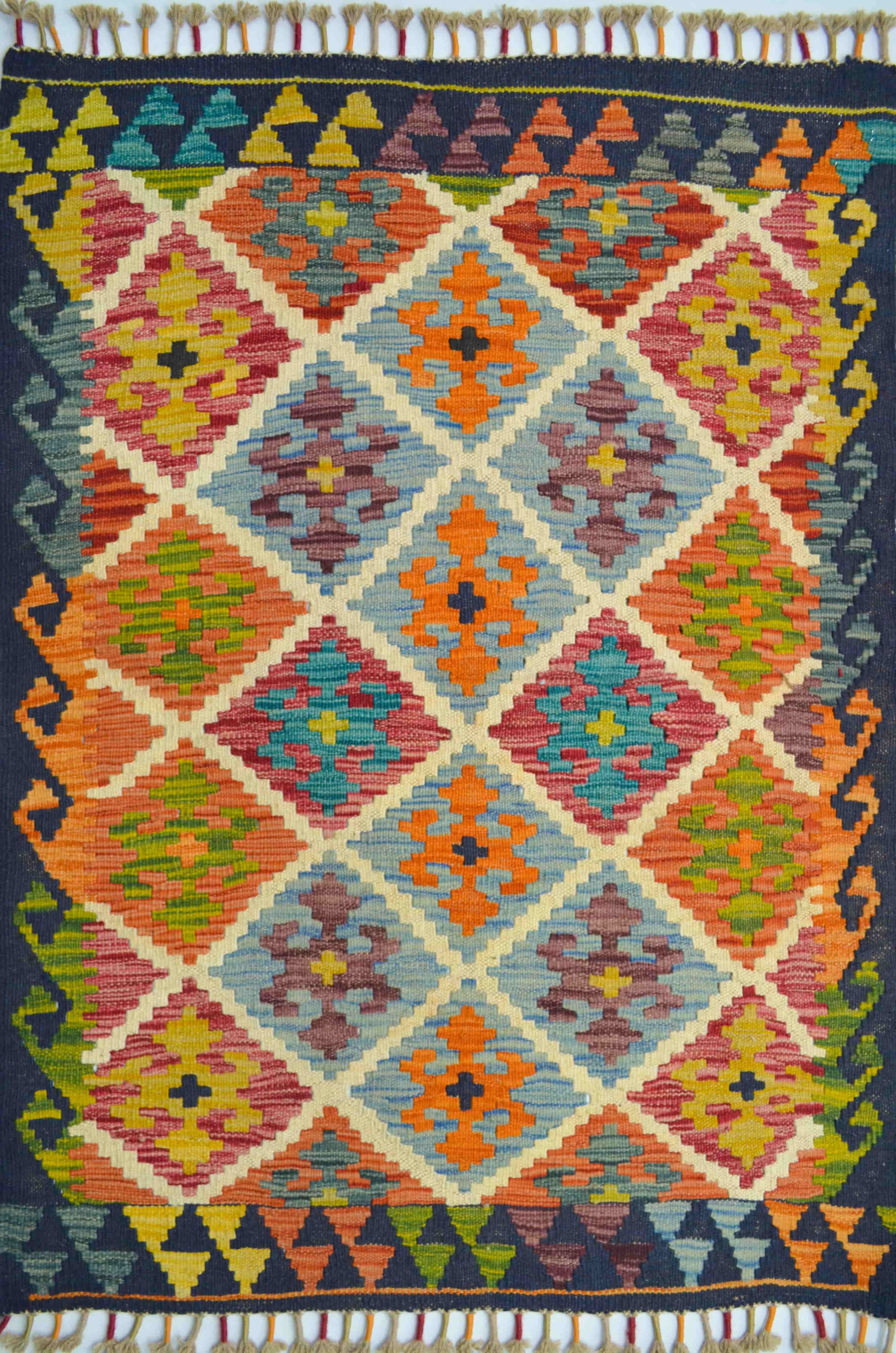 Yün İplikten El Dokuma Renkli Afgan Kilim 88x114 cm (1 m²)