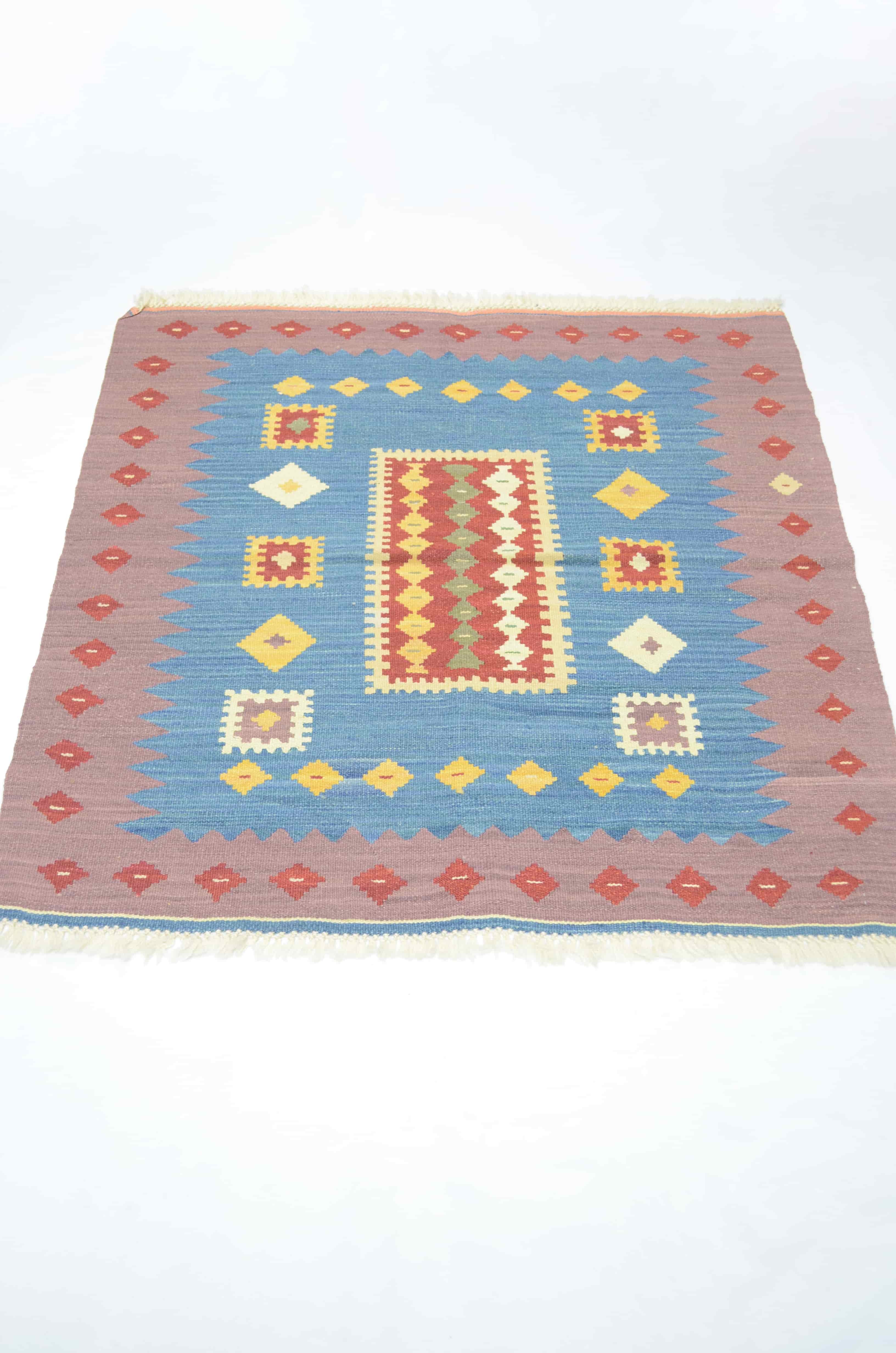 İran Koçan Yünden El Dokuma Mavi ve Mor Renk Sofra Kilimi 90x90 cm (0.81 m²)