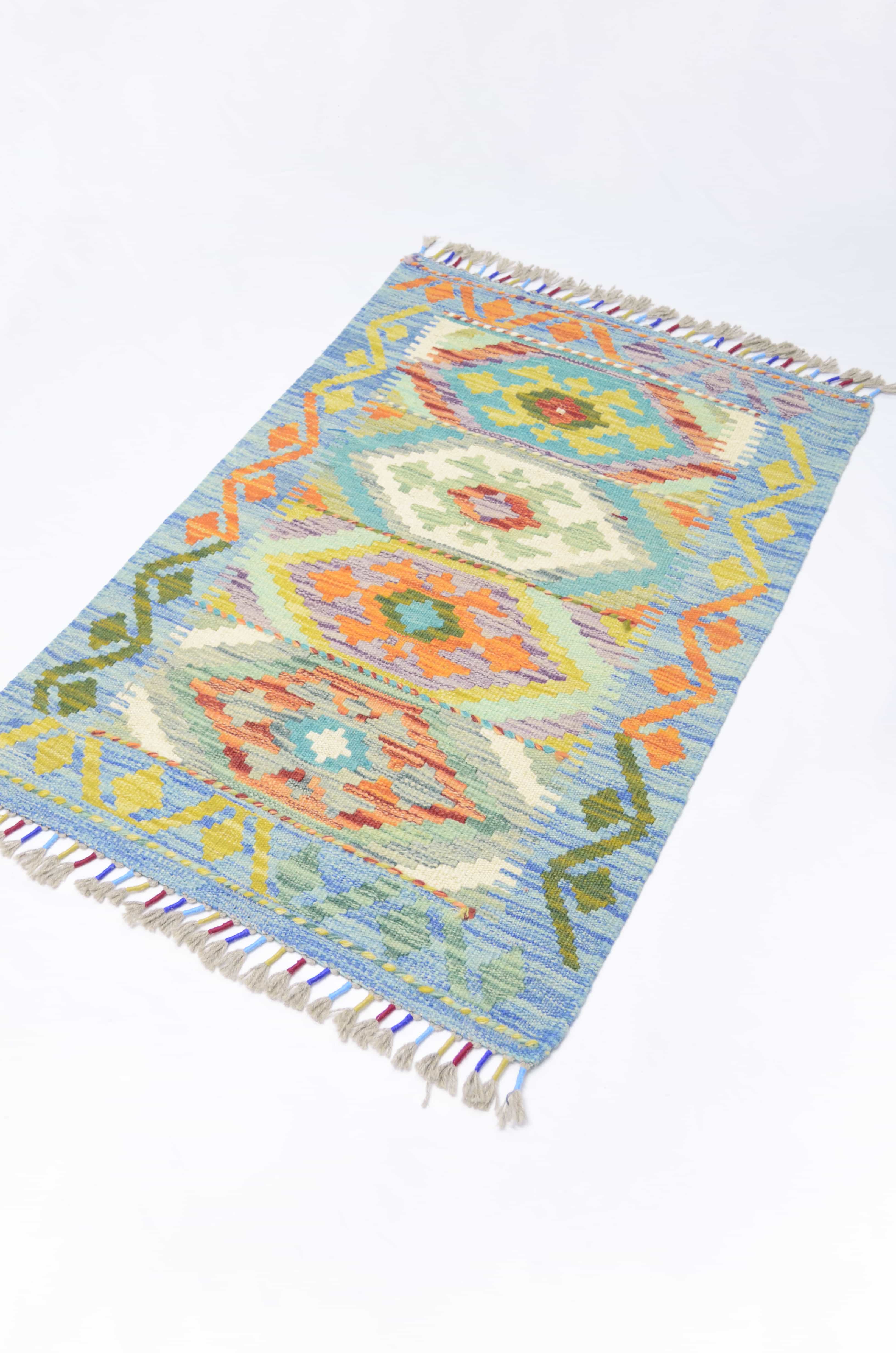 Yün İplikten El Dokuma Turkuaz Renk Afgan Kilim 61x88 cm (0.53 m²)