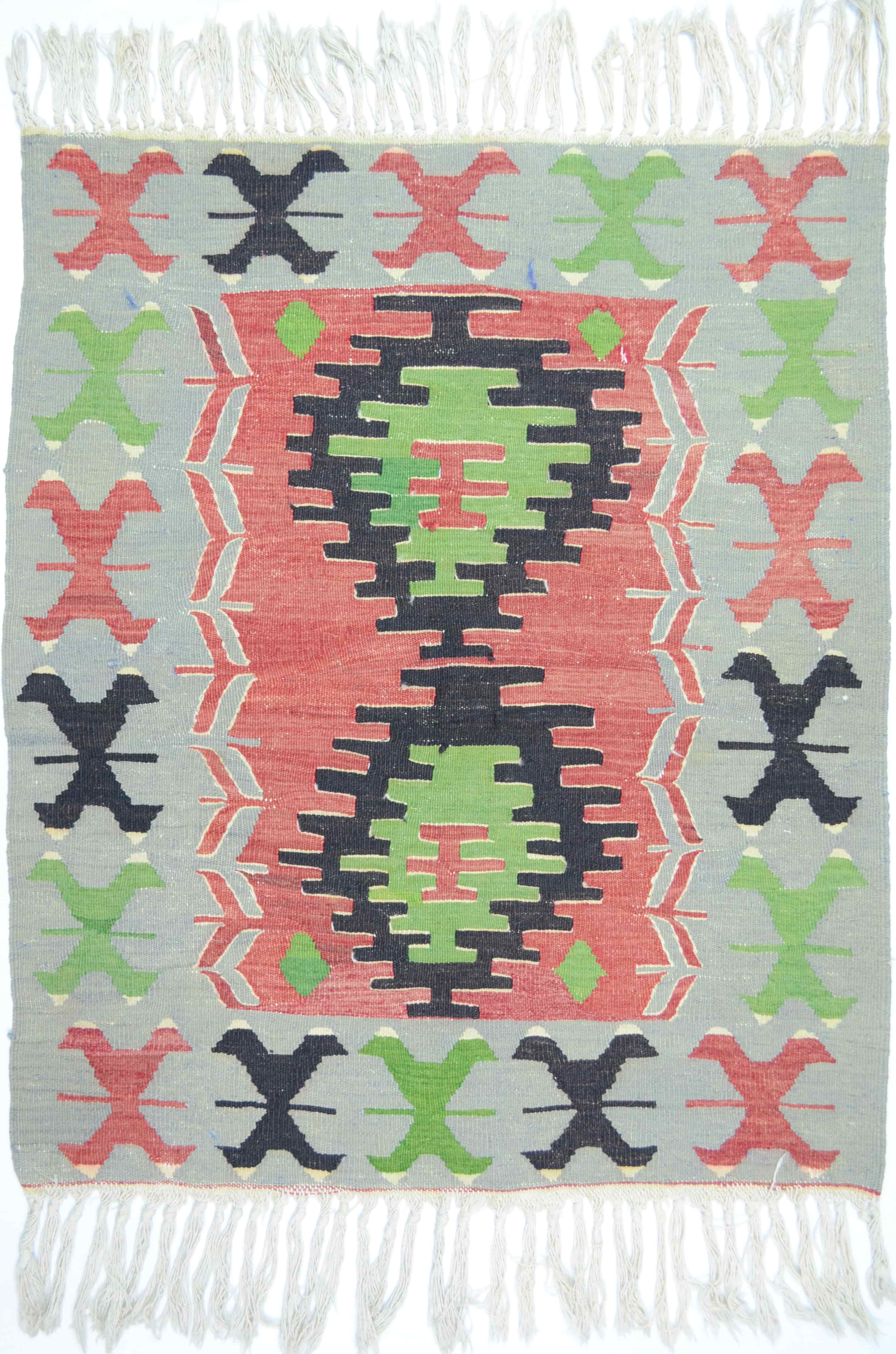 Yünden El Dokuma Gri, Kırmızı ve Yeşil Renk Uşak Kilim 91x112 cm (1.02 m²)