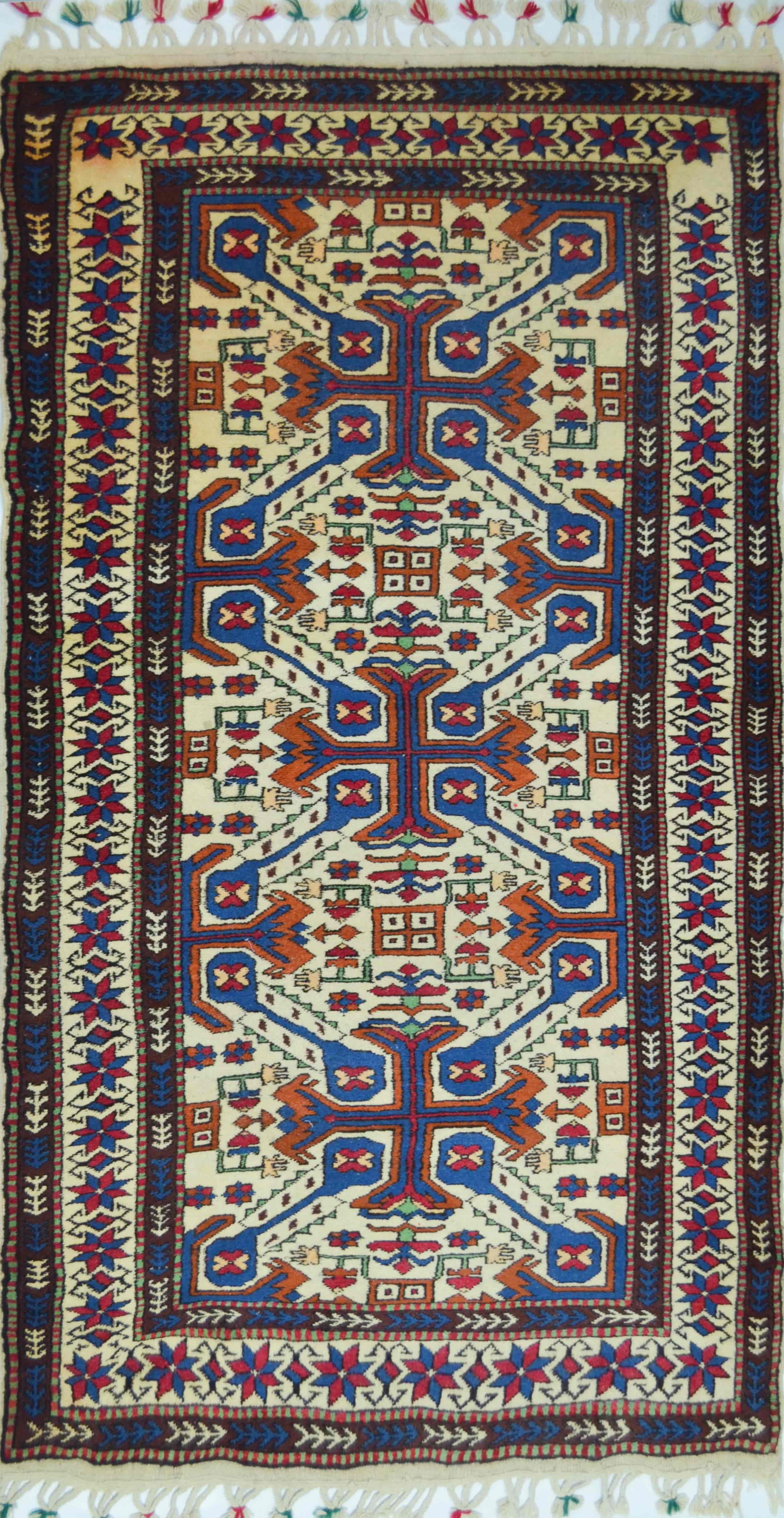 Demirci Yağcıbedir El Dokuma Halı Krem, Mavi ve Kiremit Renk 97x193 cm (1.87 m²)