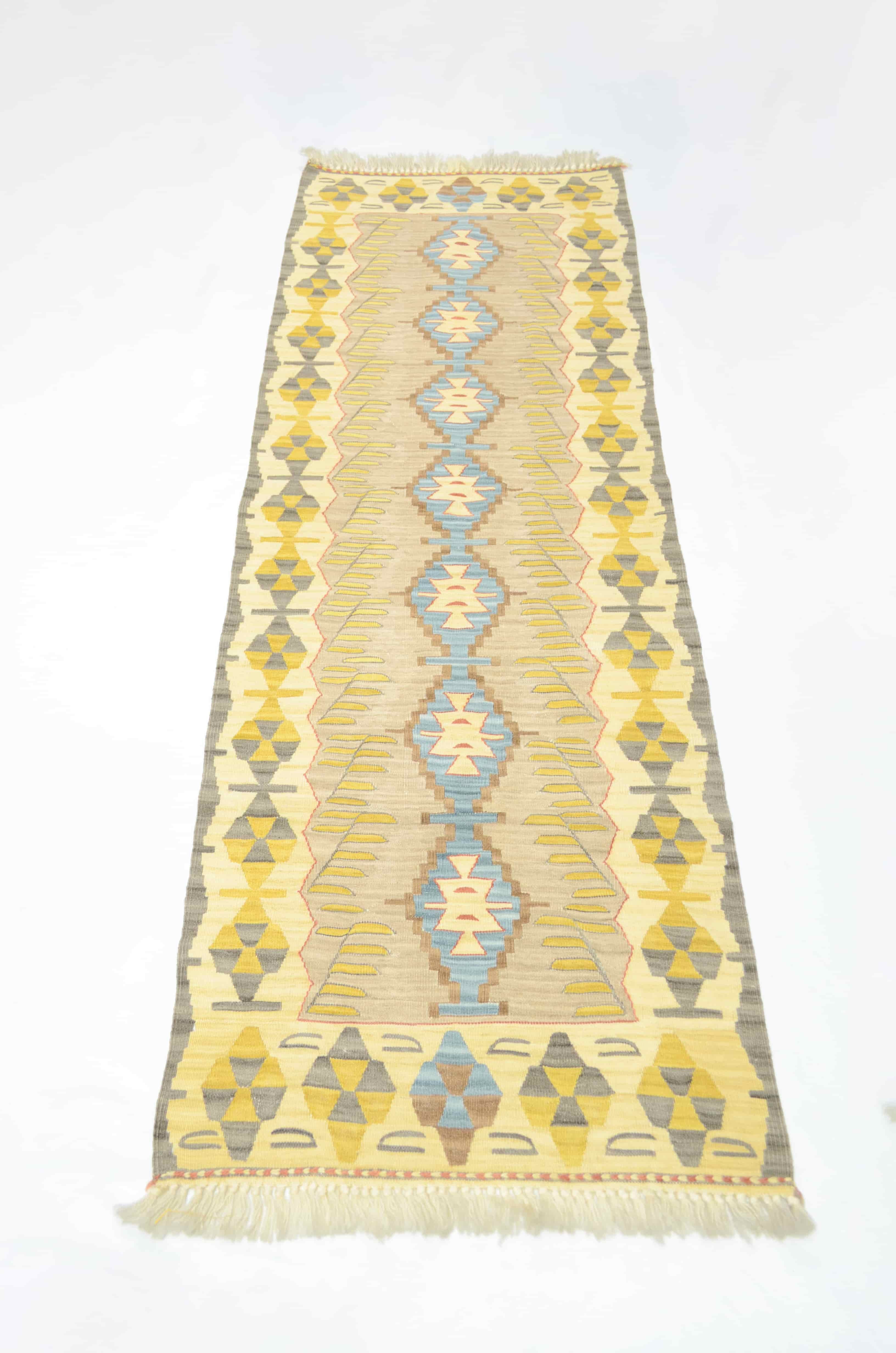 El Dokuma Sarı ve Mavi Renk Uşak Kilim Yolluk 60x170 cm (1,02 m²)