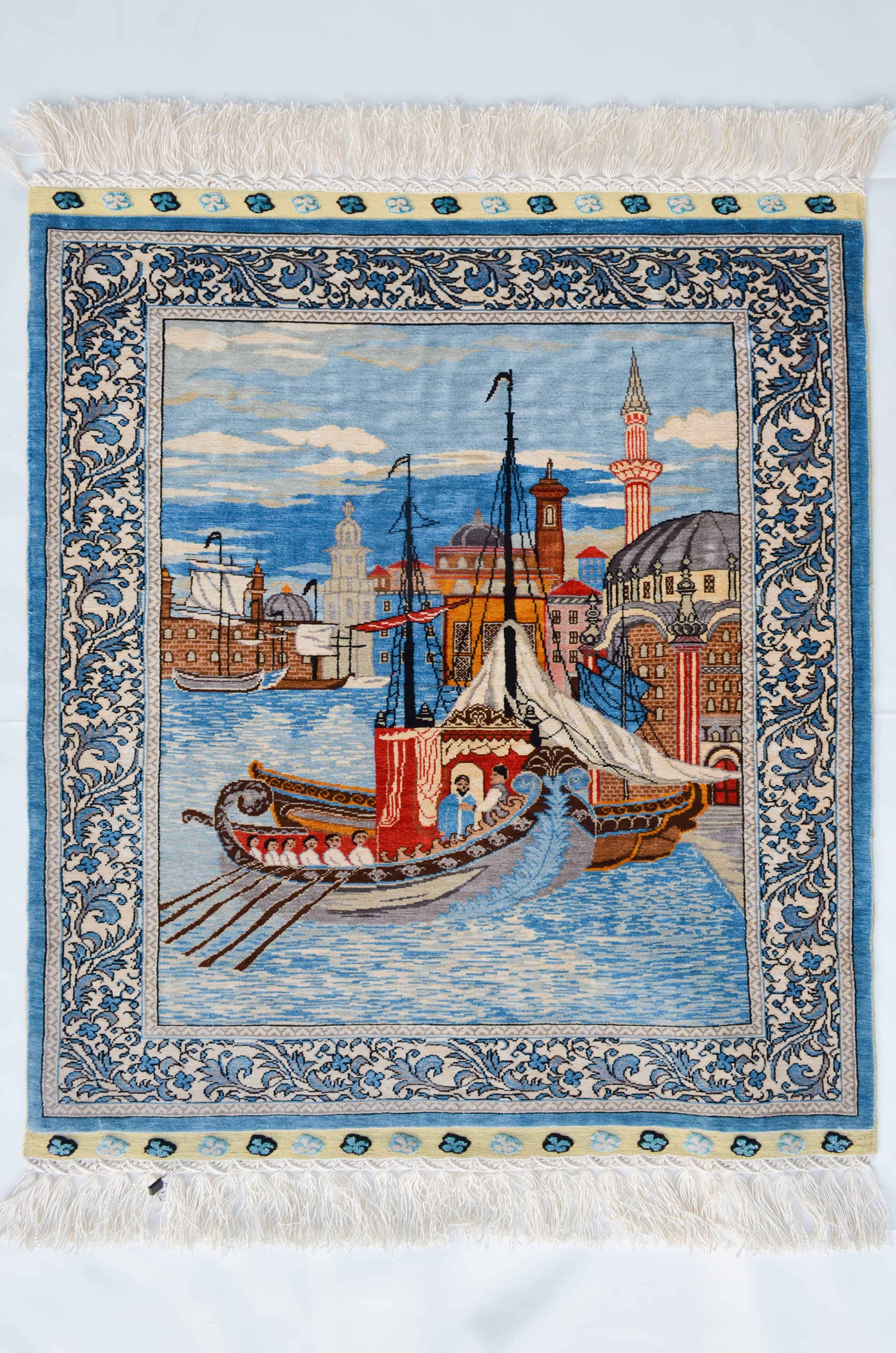 Kayıklı Cami Desenli Saf İpek El Dokuma Duvar Halısı (53x66 cm)