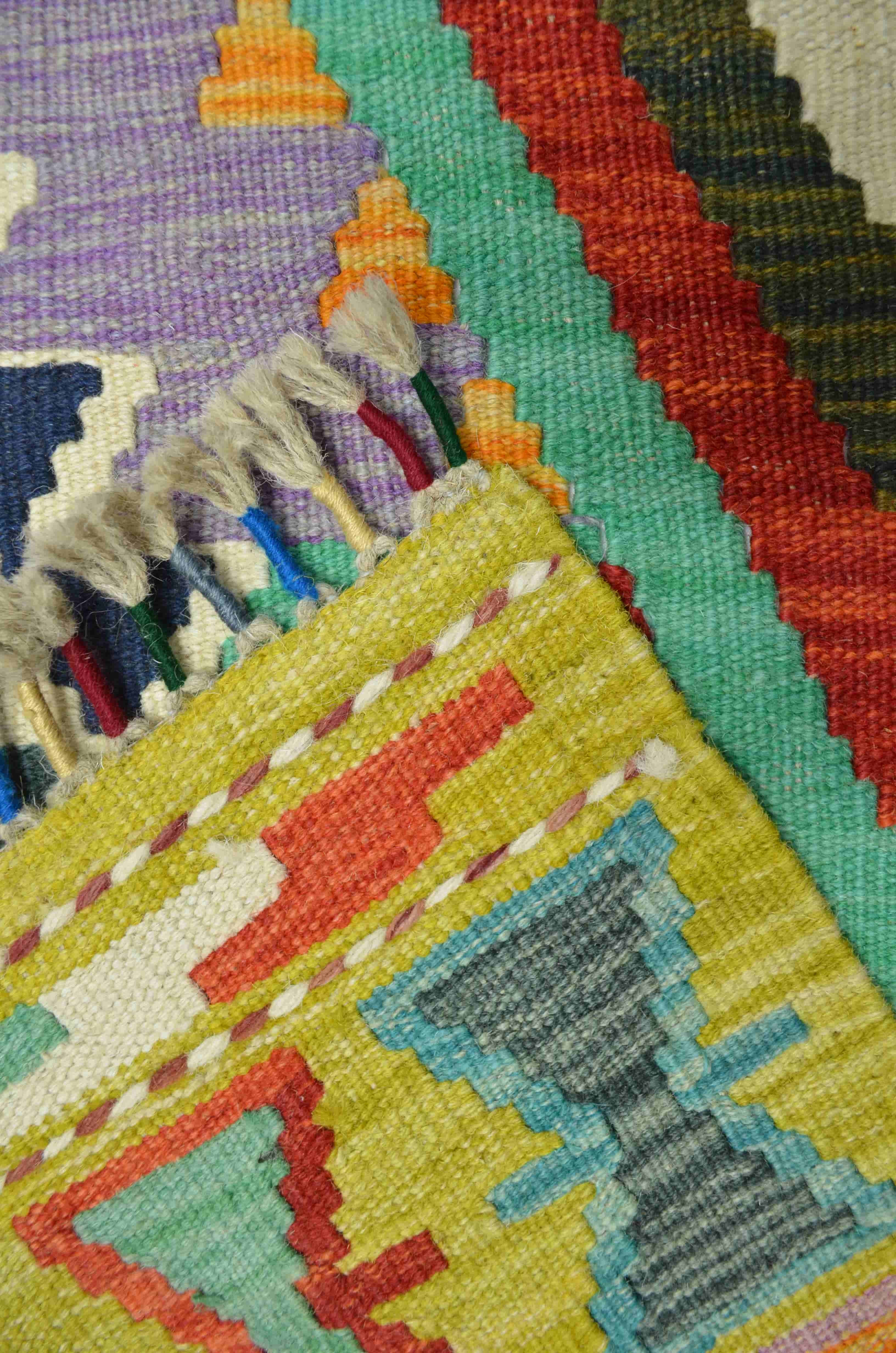 Yün İplikten El Dokuma Yeşil Renk Afgan Kilim Yolluk 82x303 cm (2.5 m²)