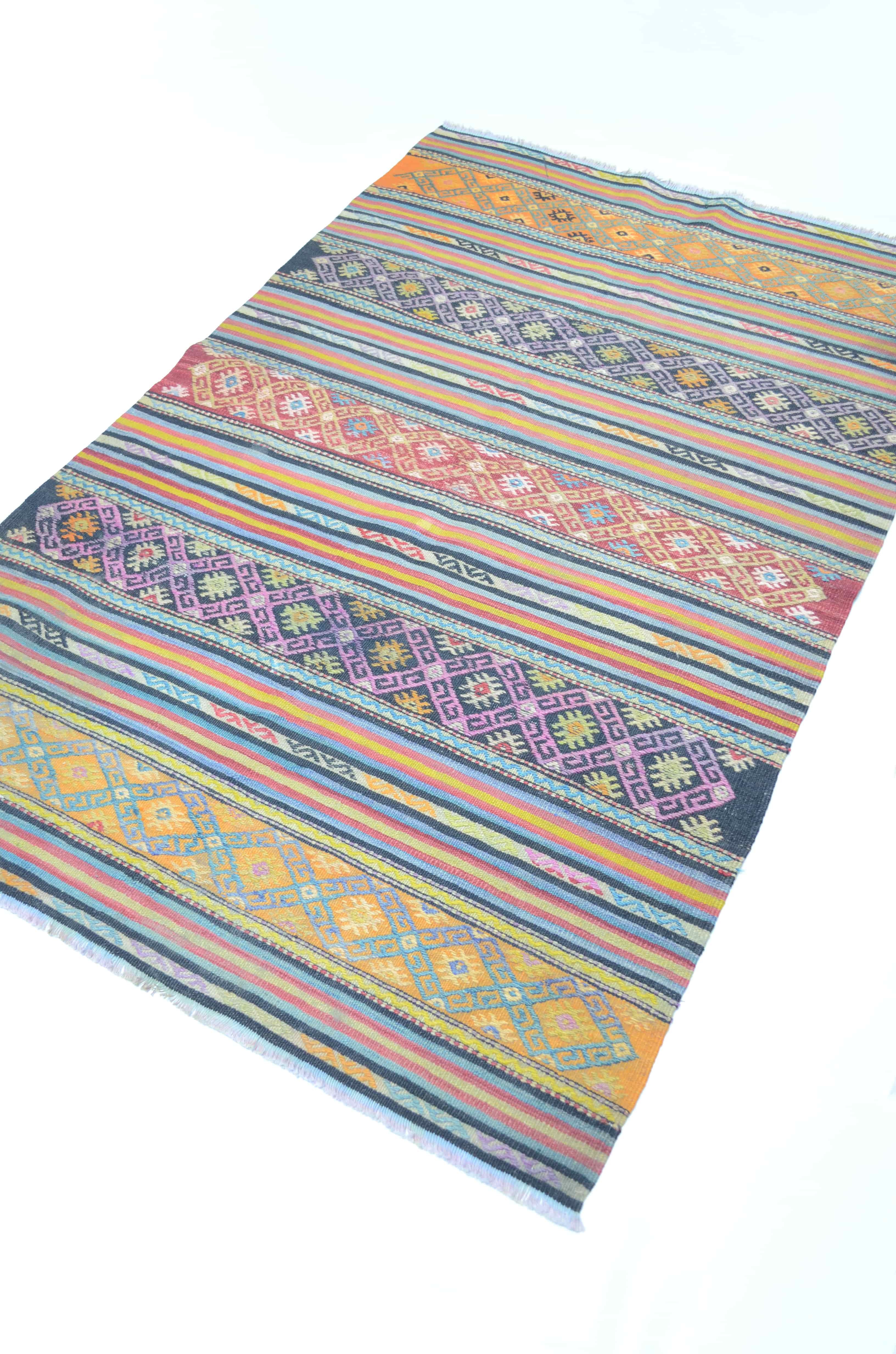 Uşak Cicim Kilim Yünden El Dokuma Turuncu, Kırmızı ve Mavi Renk 105x155 cm (1,63 m²)