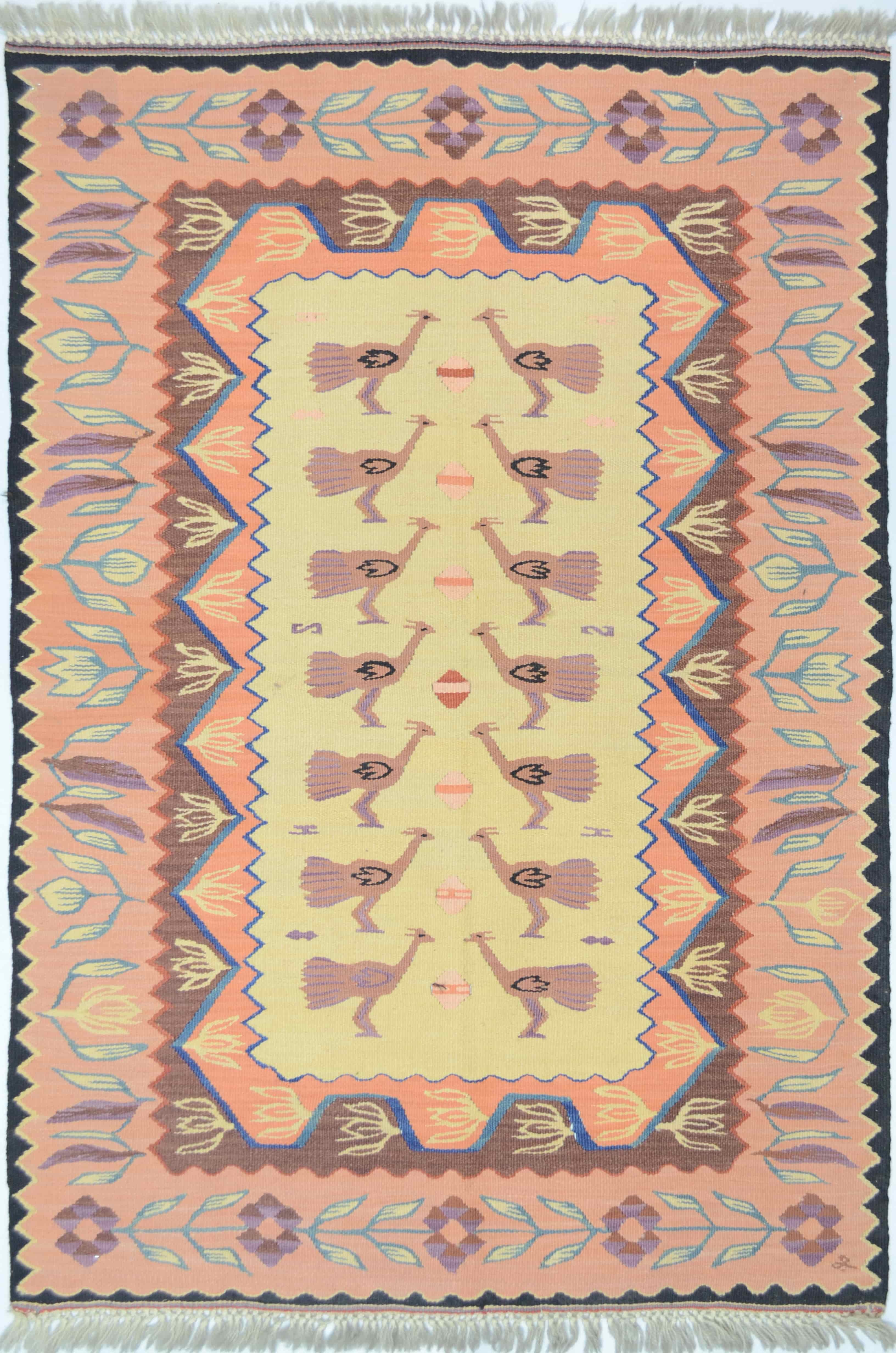 El Dokuma Pembe Tavus Kuşu Motifli Antik Süper İnce Kilim 80x120 cm (0.96 m²)