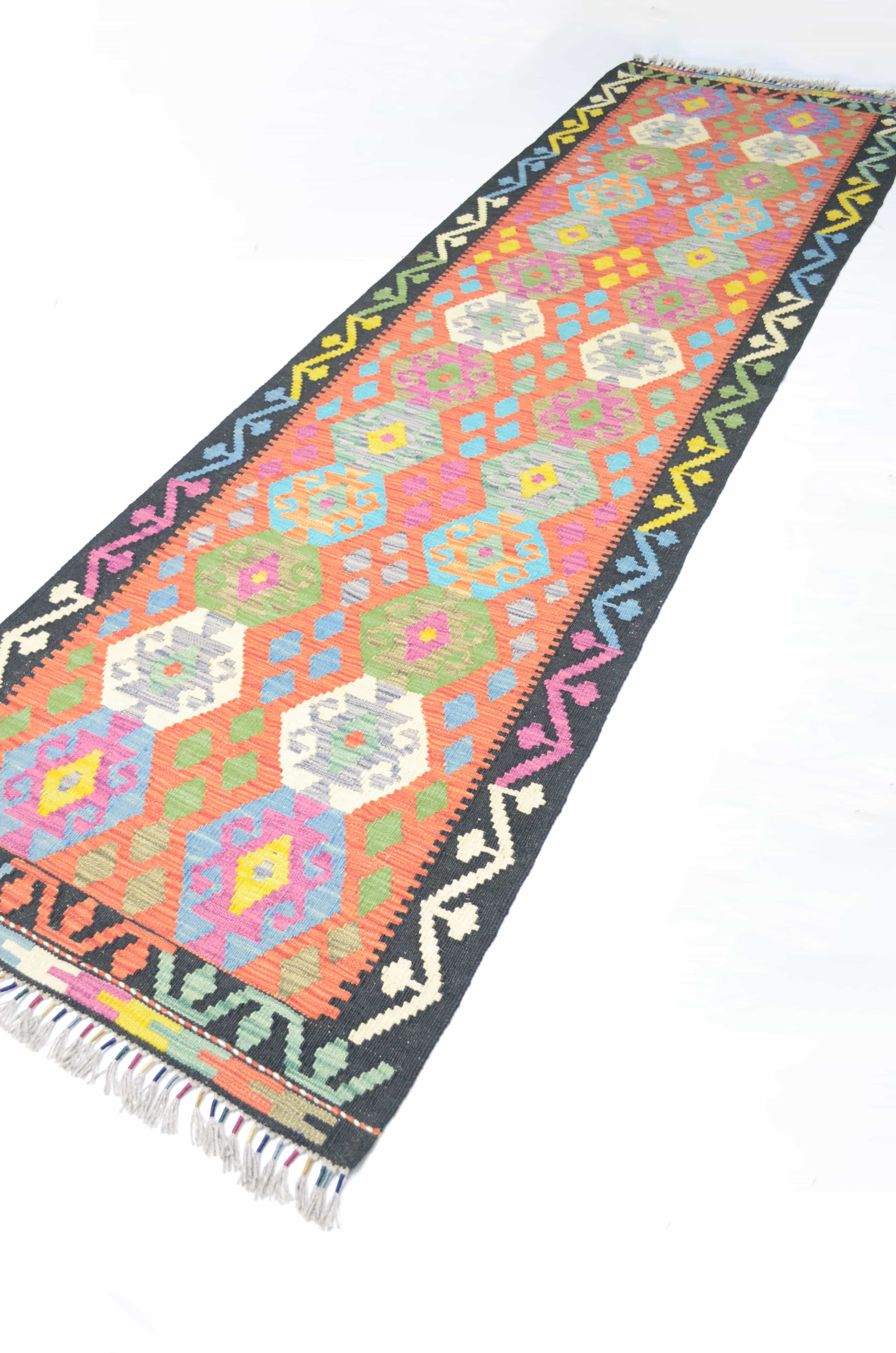 Yün İplikten El Dokuma Turuncu Afgan Kilim Yolluk 86x300 cm (2.58 m²)