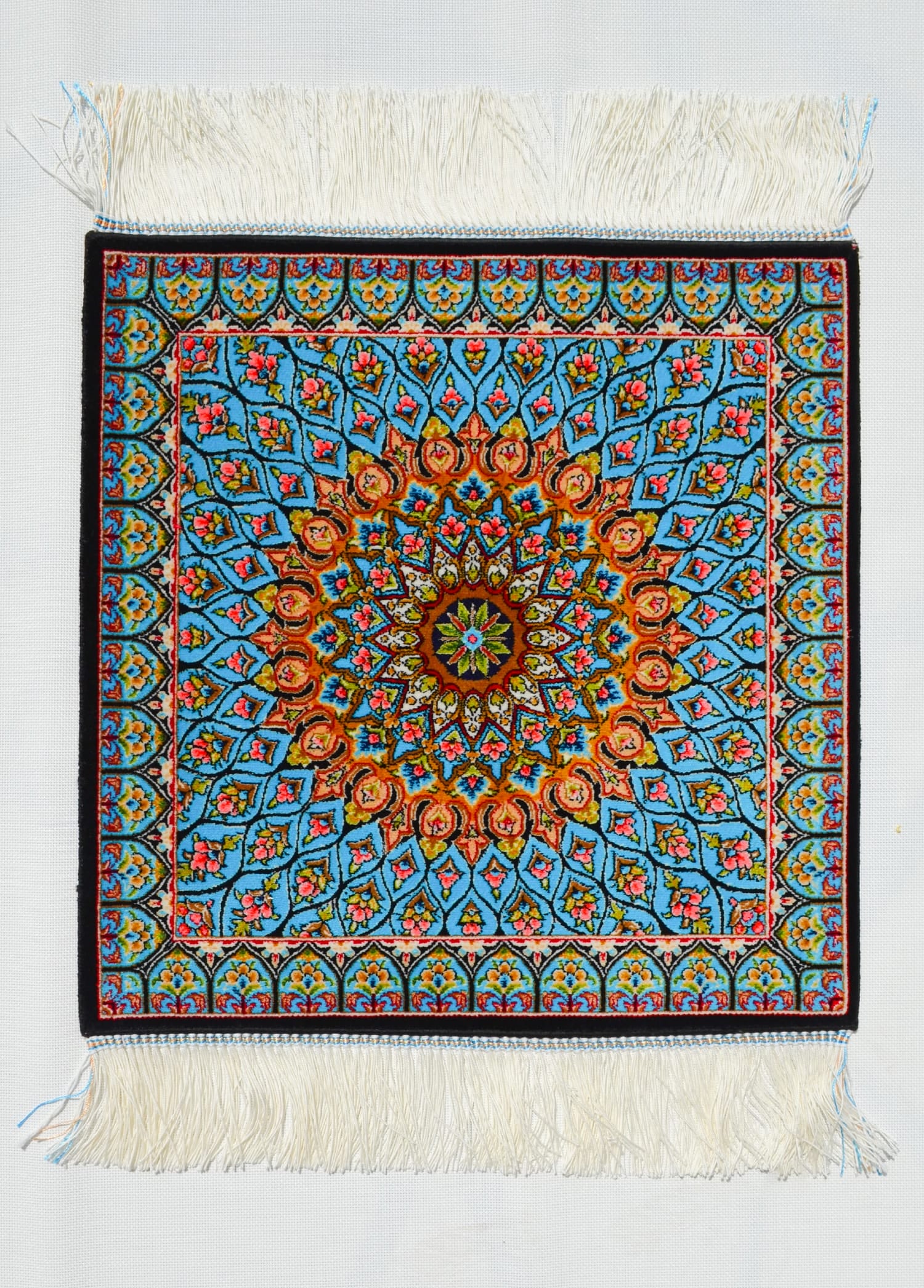 Geleneksel Desenli İpek Minyatür Halı 40x40 cm (0.16 m²) - Mavi Göbekli