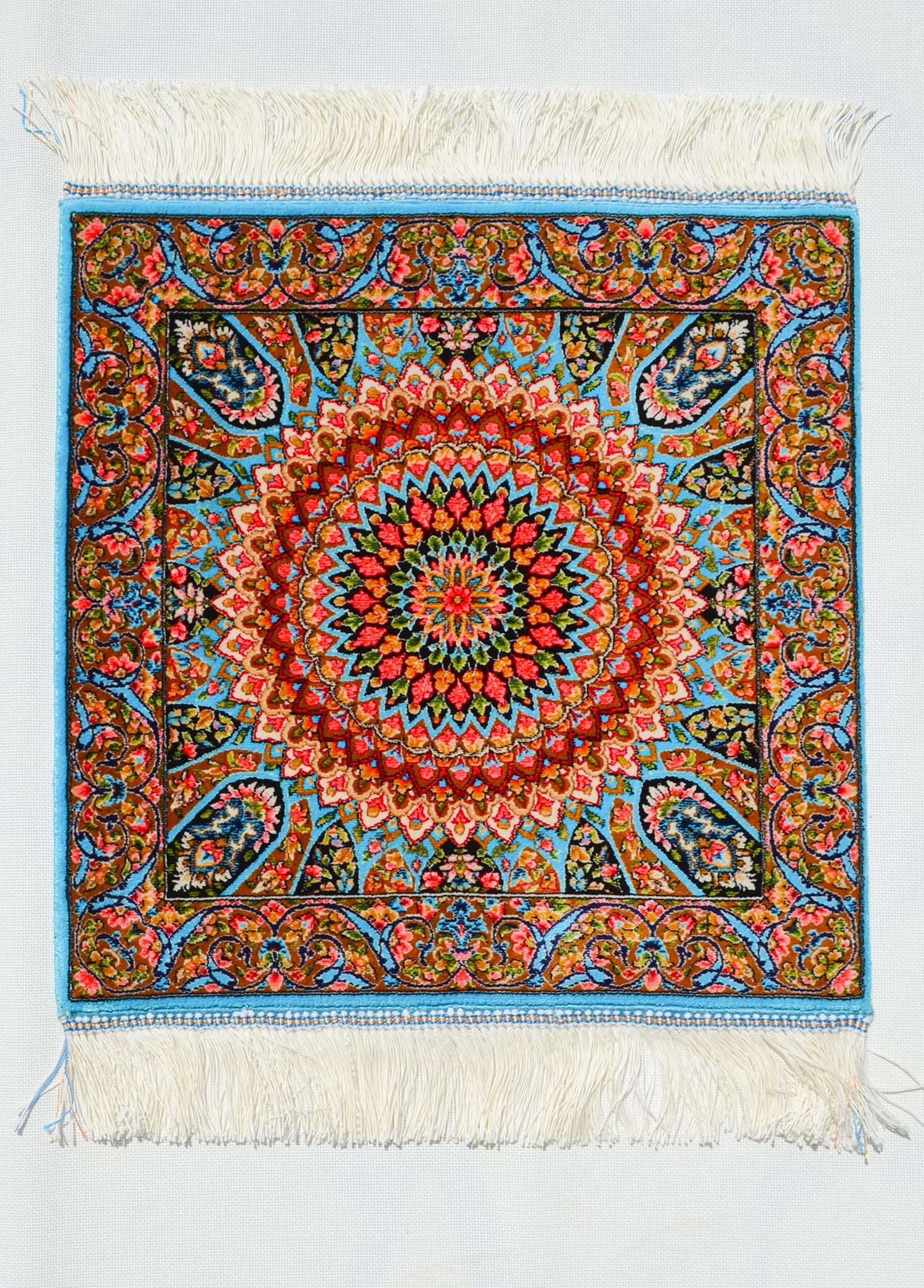 Geleneksel Desenli İpek Minyatür Halı 40x40 cm (0.16 m²) - Turkuaz Göbekli