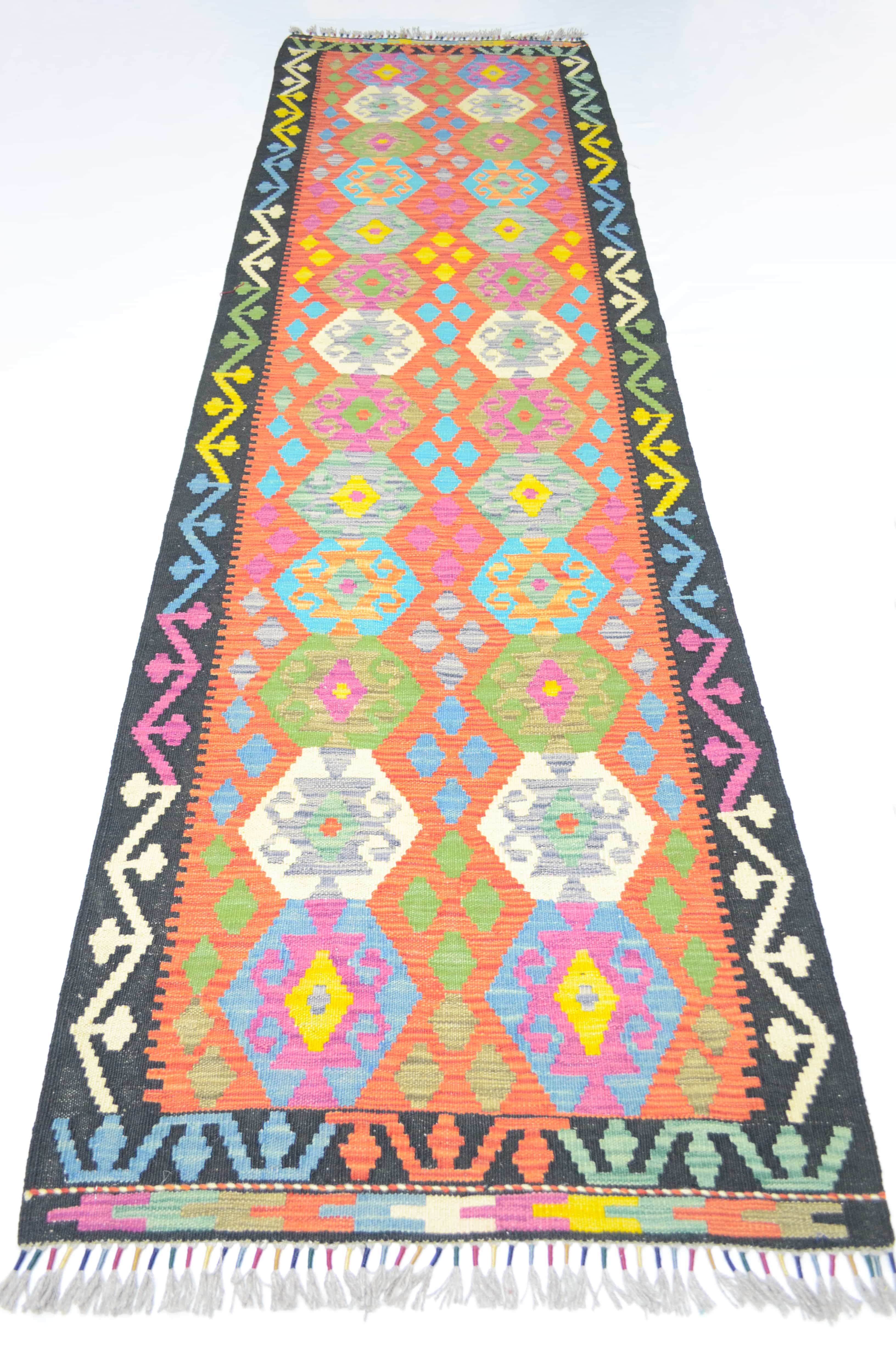 Yün İplikten El Dokuma Turuncu Afgan Kilim Yolluk 86x300 cm (2.58 m²)