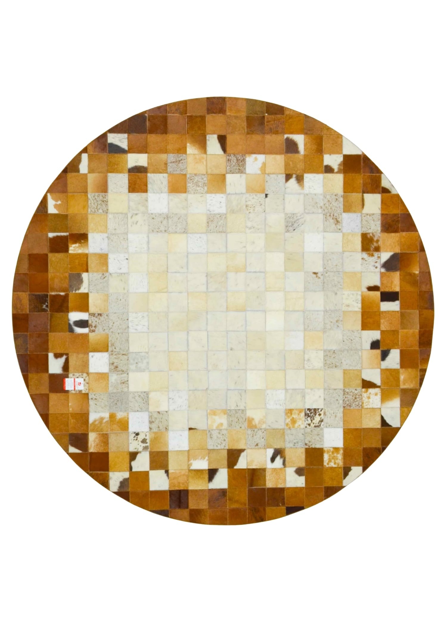 Krem ve Kahverengi Yuvarlak Deri Patchwork Halı 150x150 cm (2,25 m²)