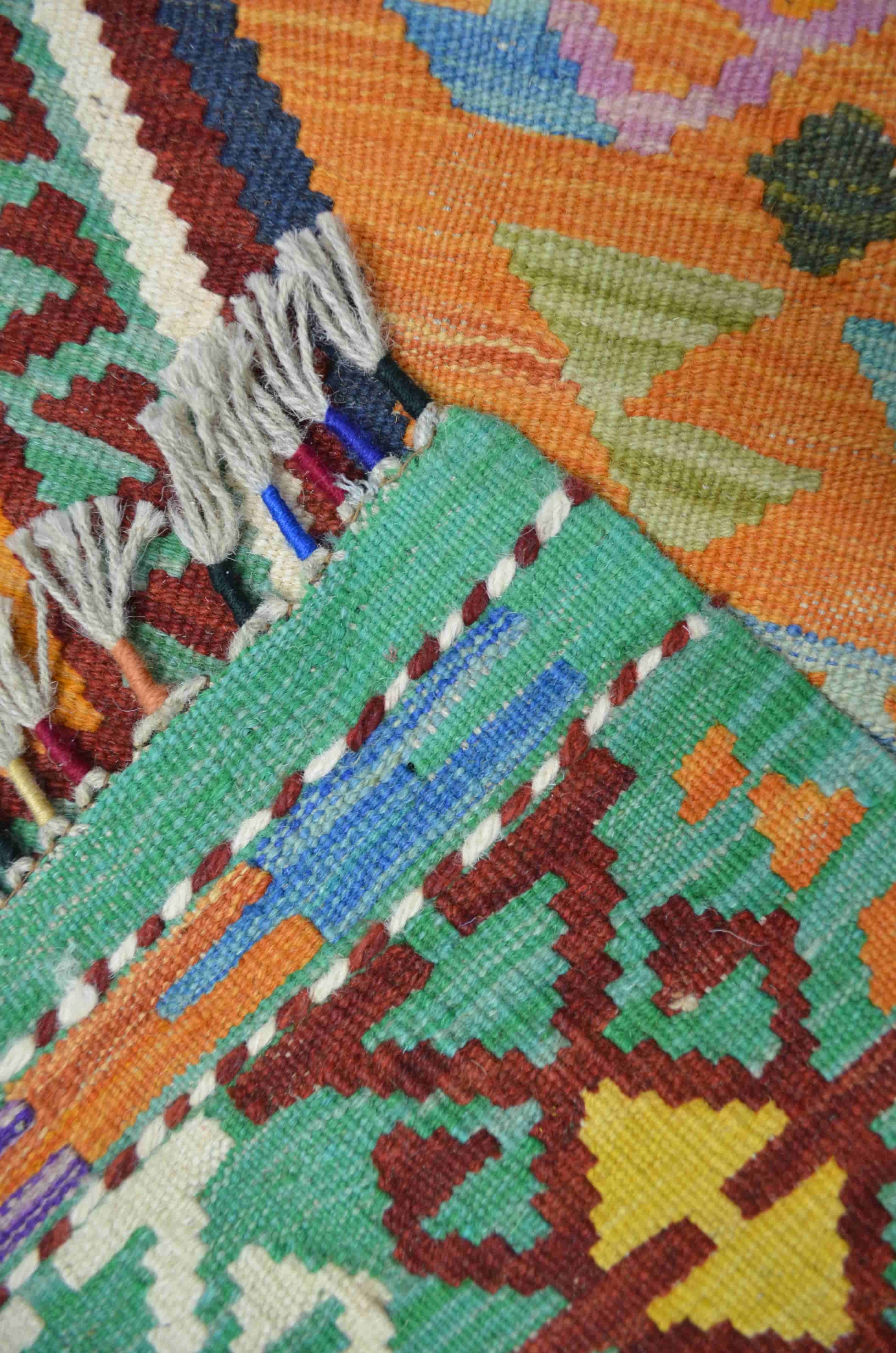 Yün İplikten El Dokuma Yeşil ve Turuncu Afgan Kilim 126x176 cm (2.22 m²)