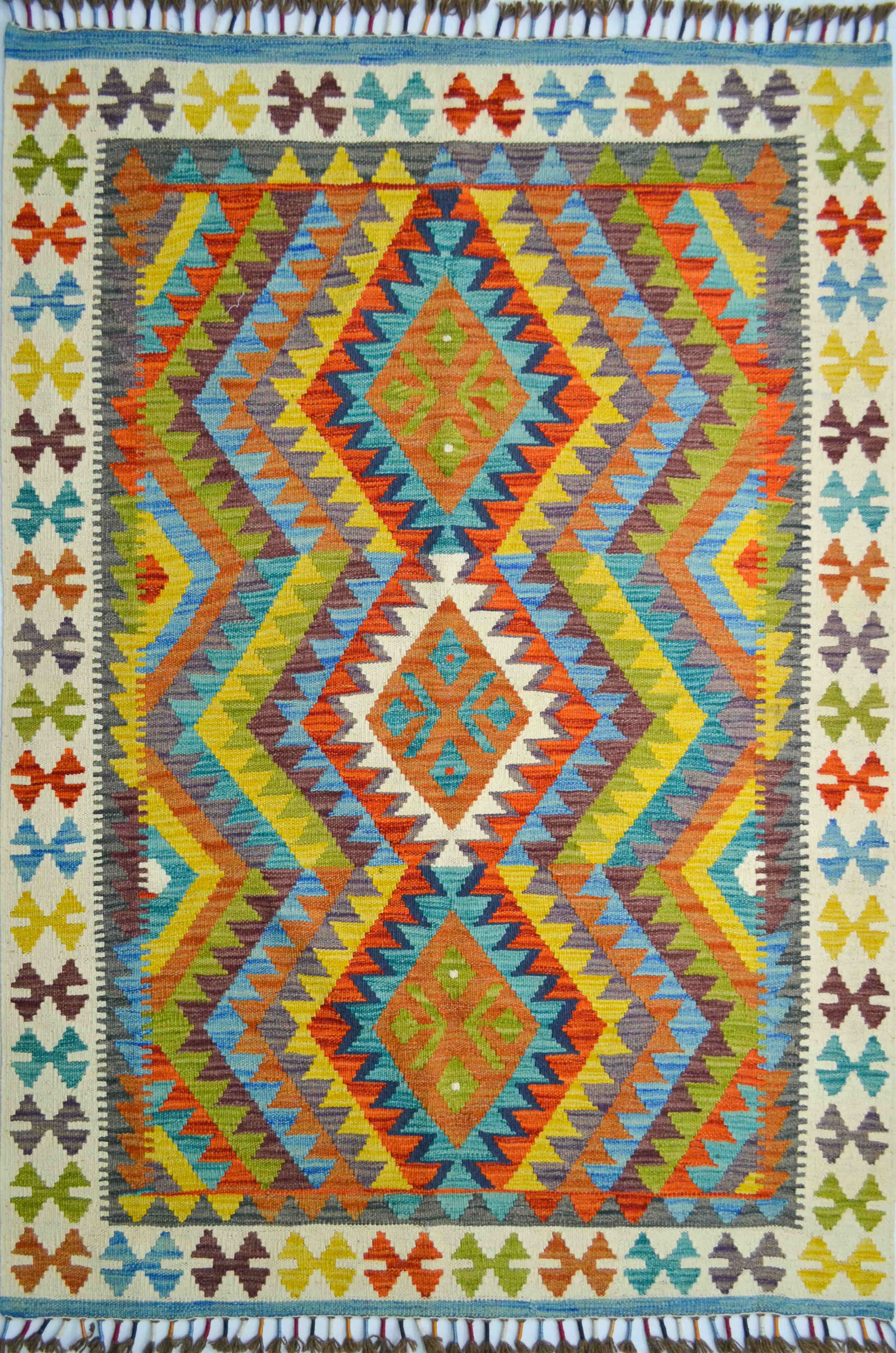 Yün İplikten El Dokuma Renkli Çift Taraflı Afgan Kilim 127x174 cm (2.21 m²)