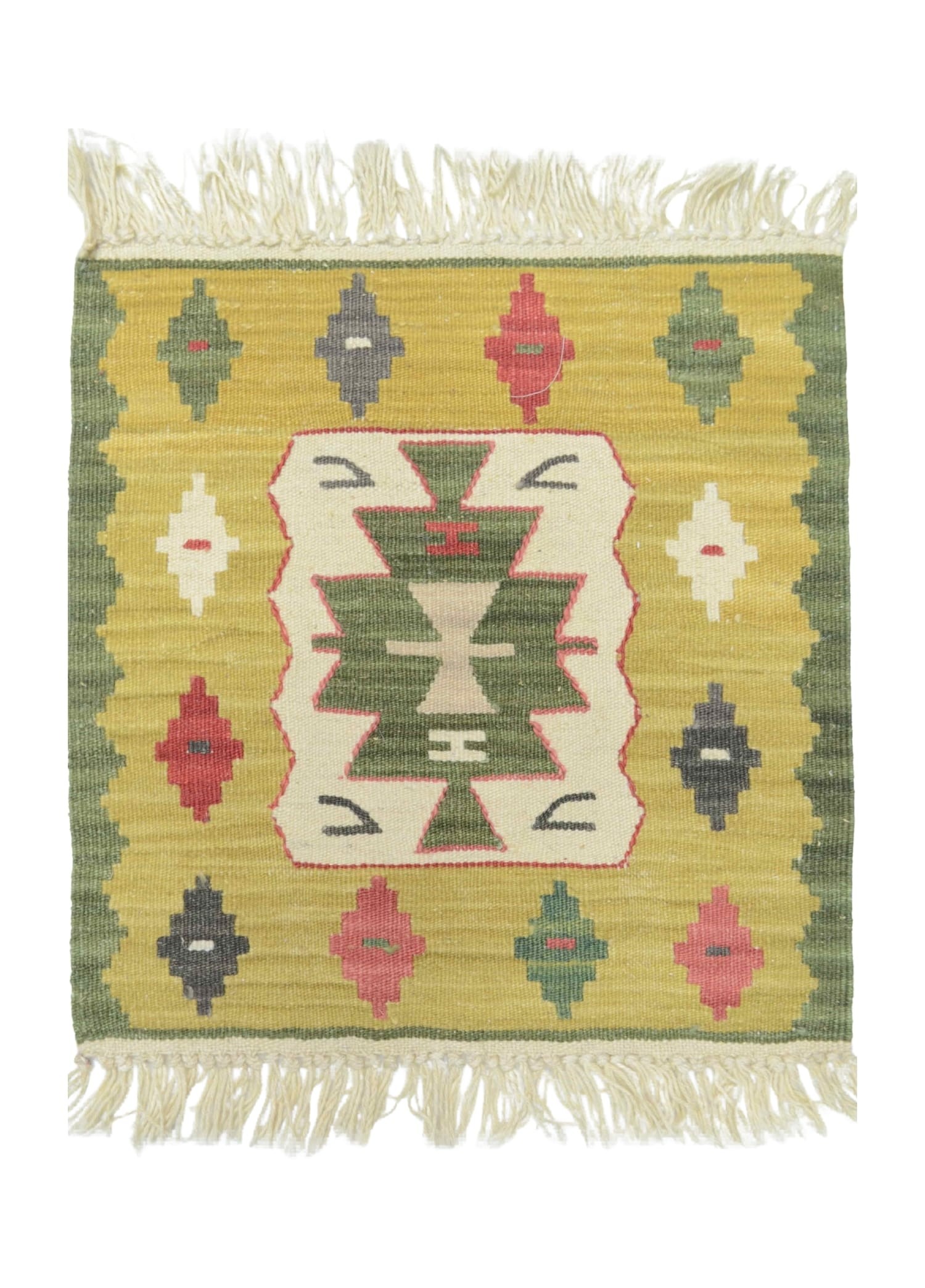 Yünden El Dokuma Yeşil ve Sarı Renk İnce Kök Kilim 40x40 cm (0.16 m²)
