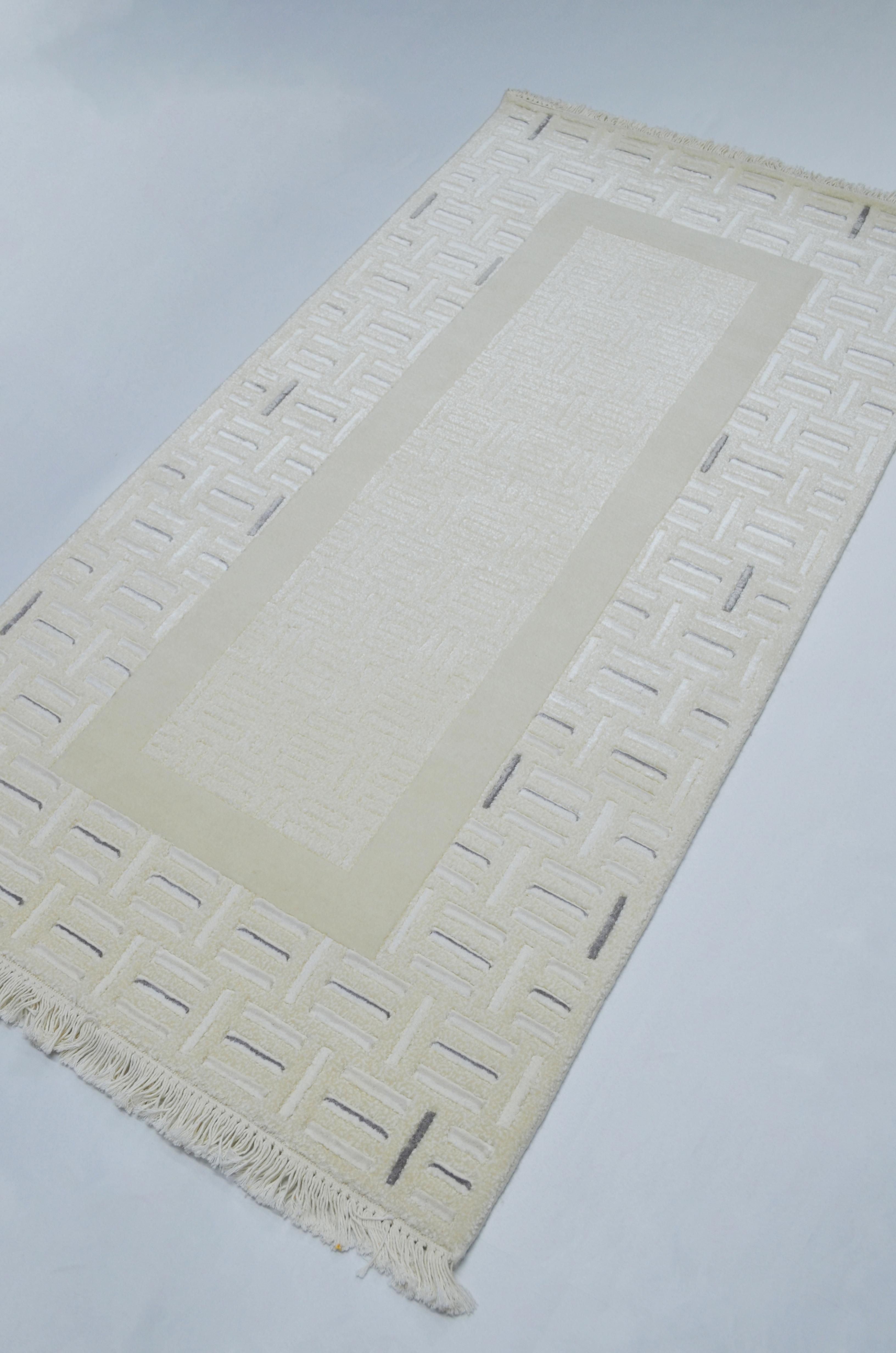 Yüksek Kalite Yünden El Dokuma Krem Renk Nepal Halısı 80x150 cm (1.2 m²)