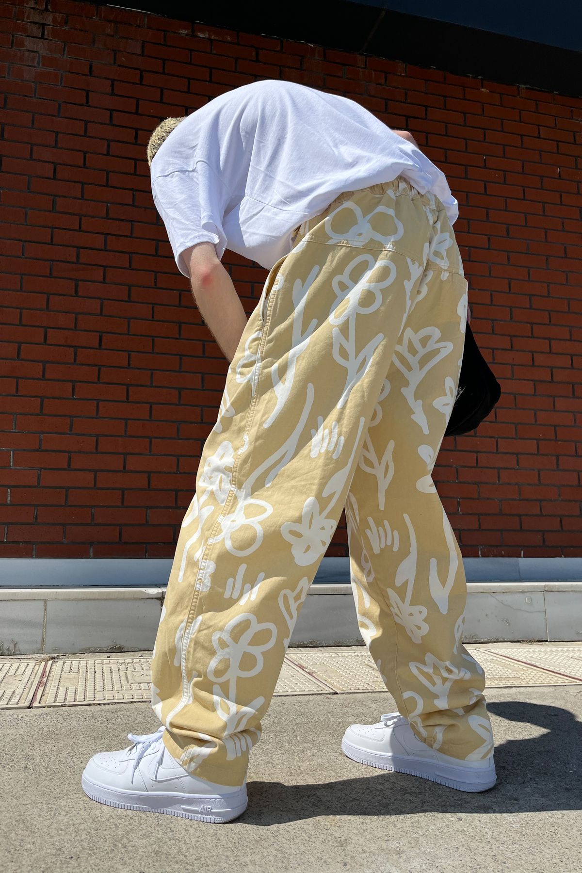 Çiçek Desen Krem Baggy Pantolon