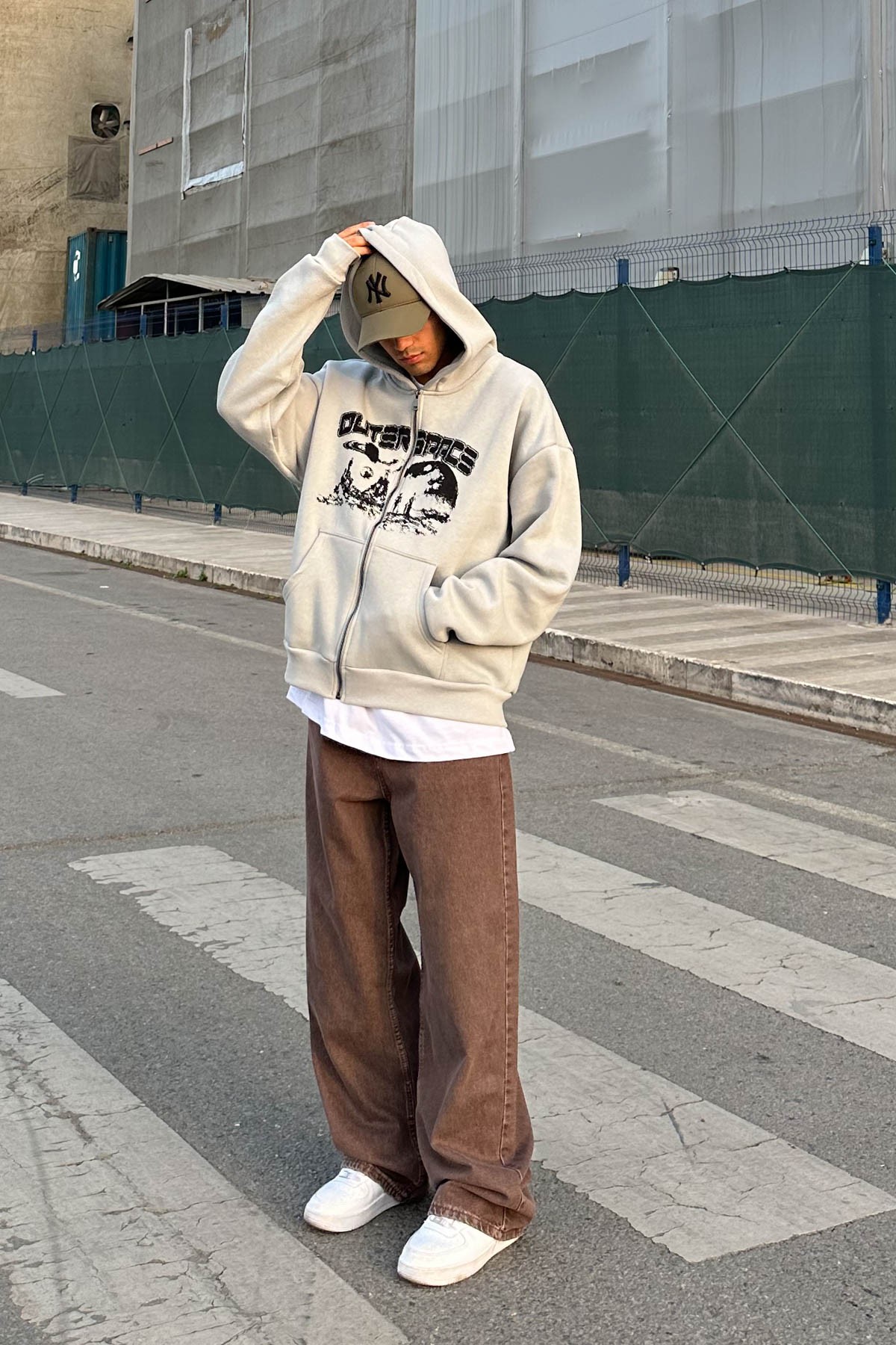 Outerspace Baskılı Gri Kapüşonlu Oversize Zip