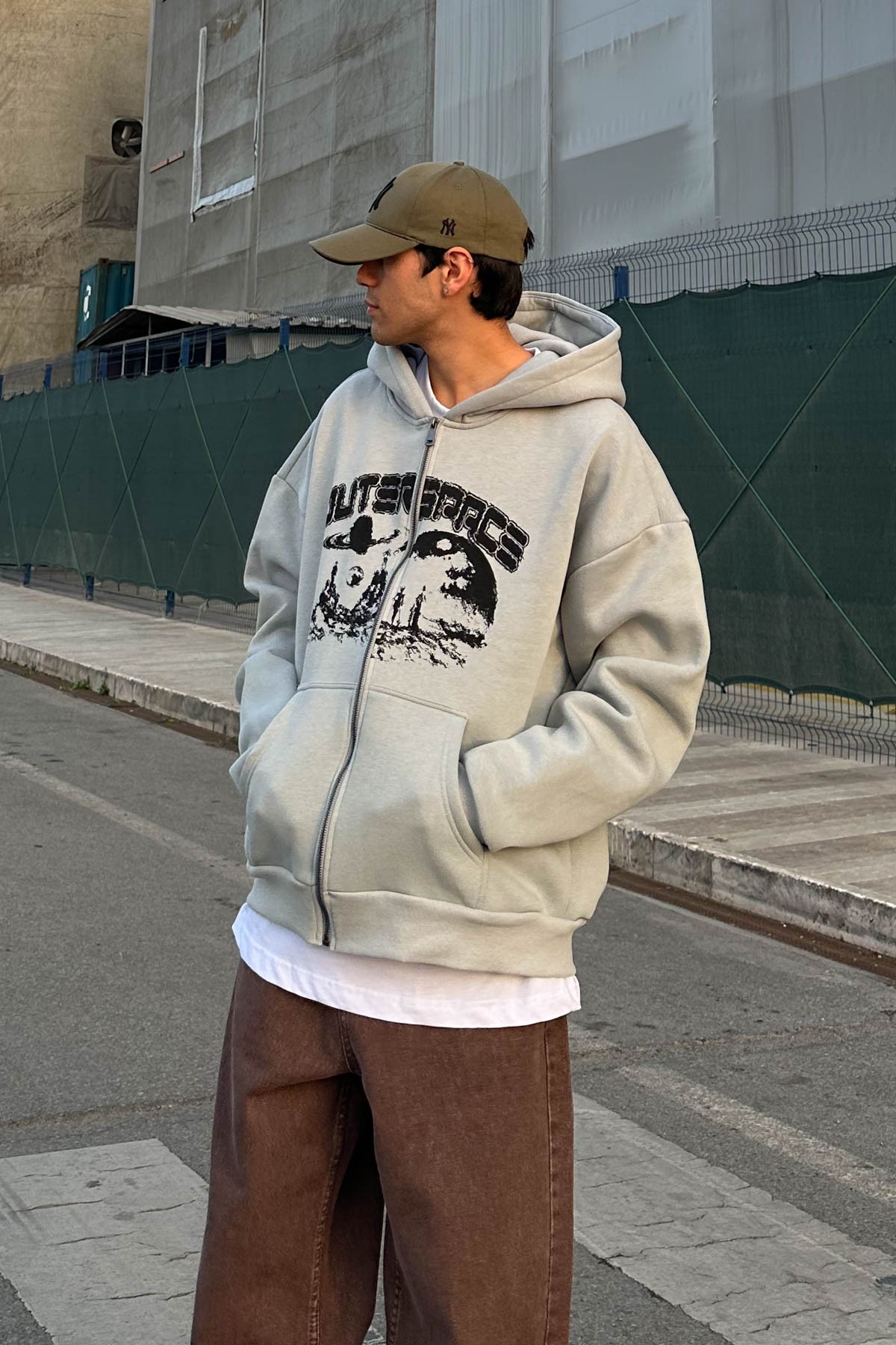 Outerspace Baskılı Gri Kapüşonlu Oversize Zip