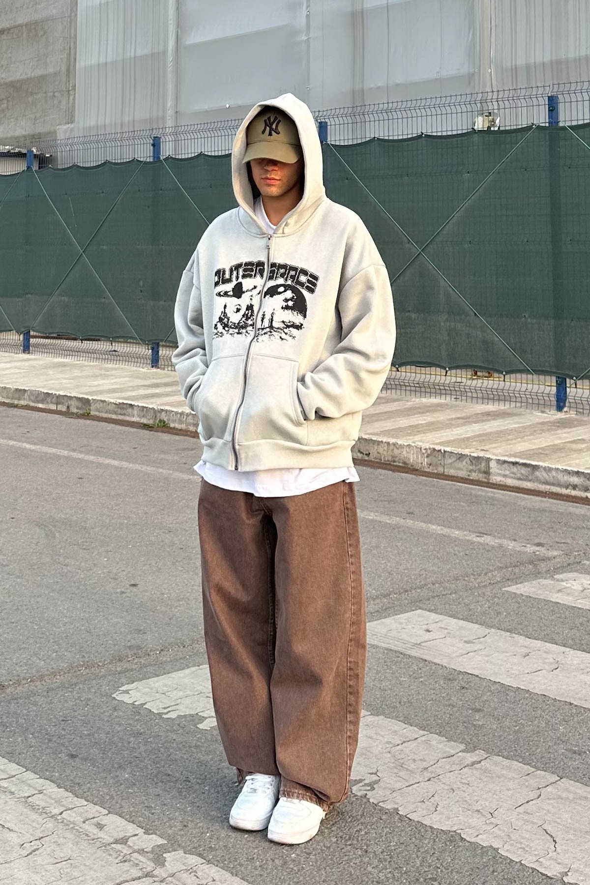 Outerspace Baskılı Gri Kapüşonlu Oversize Zip