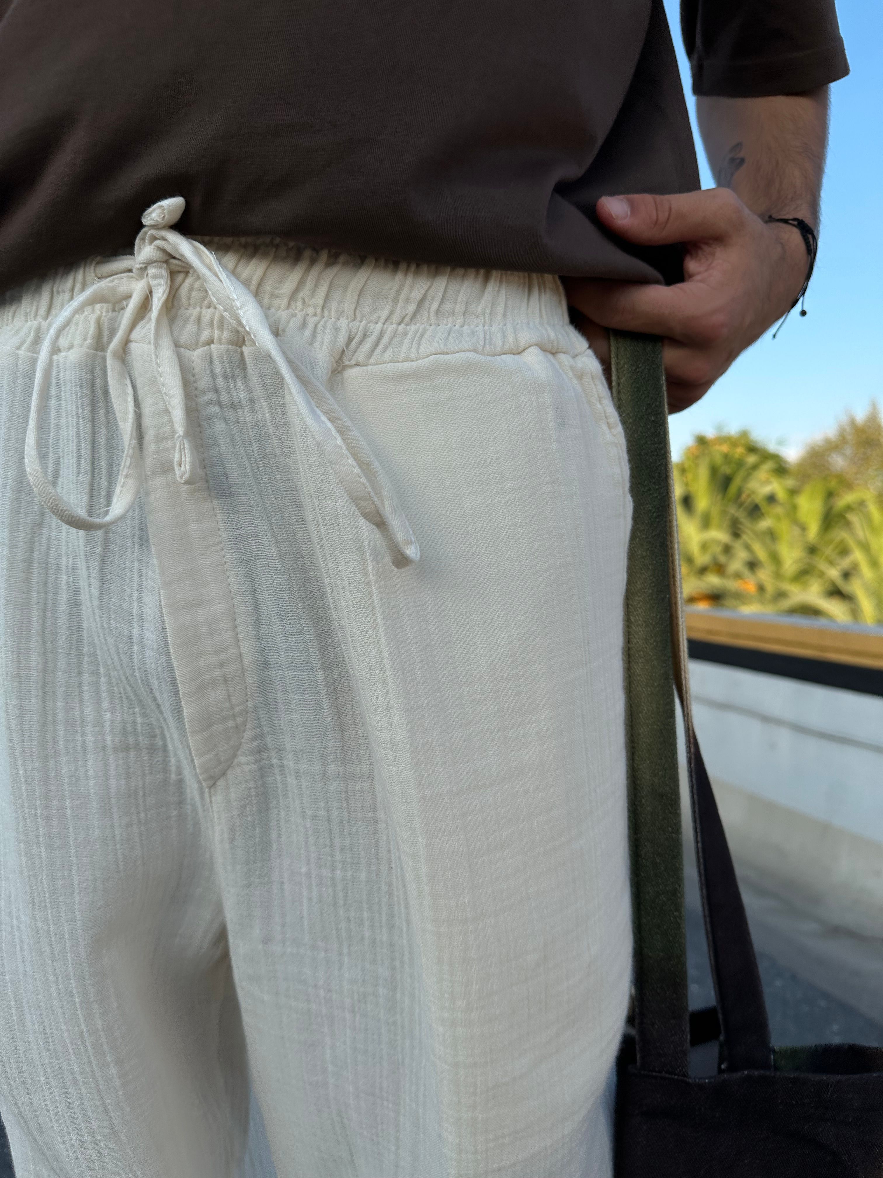 Müslin Krem Baggy Pantolon