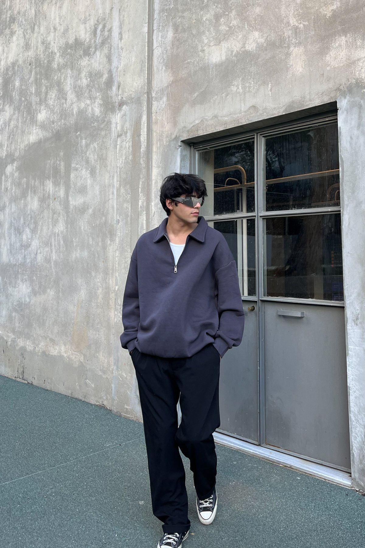 Basic Polo Yaka Füme Fermuarlı Sweatshirt