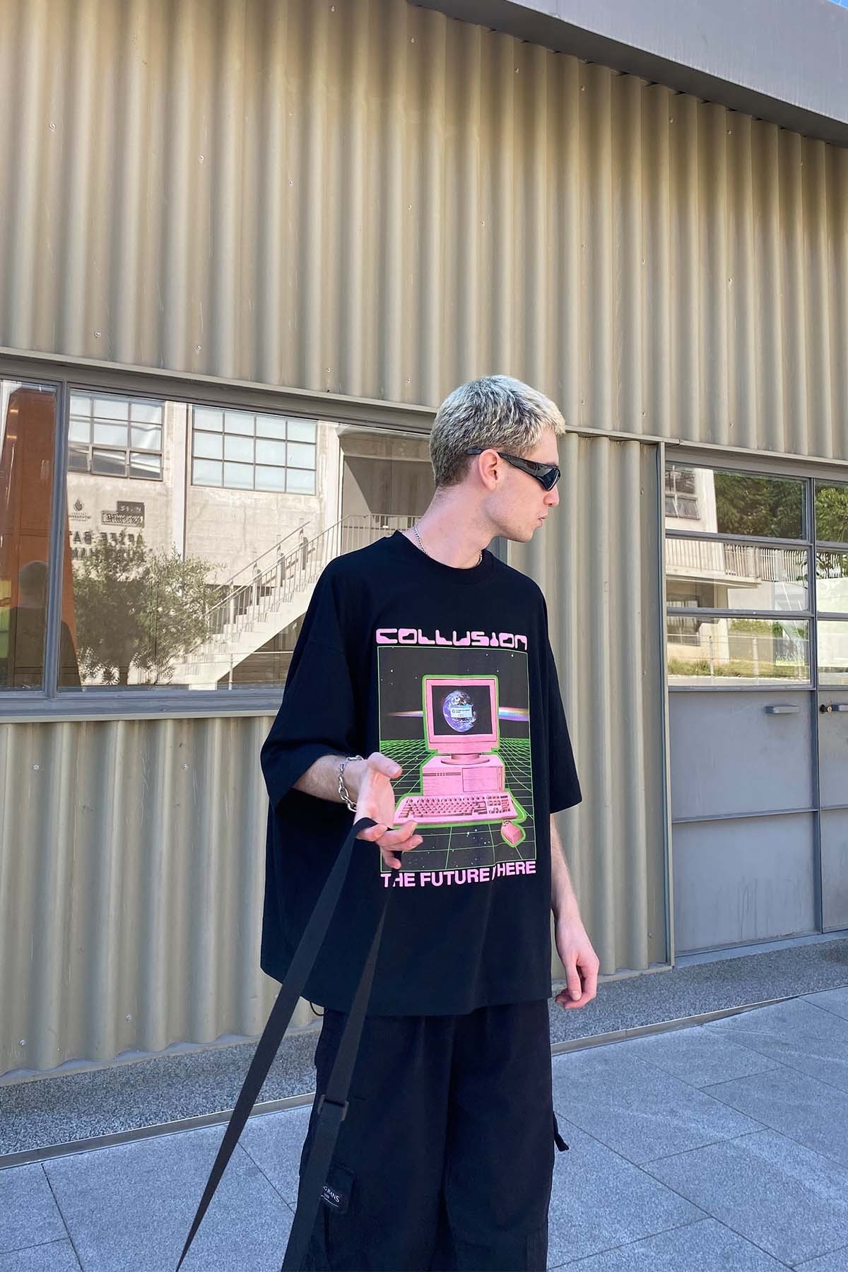 Collusıon Baskılı Siyah T-Shirt