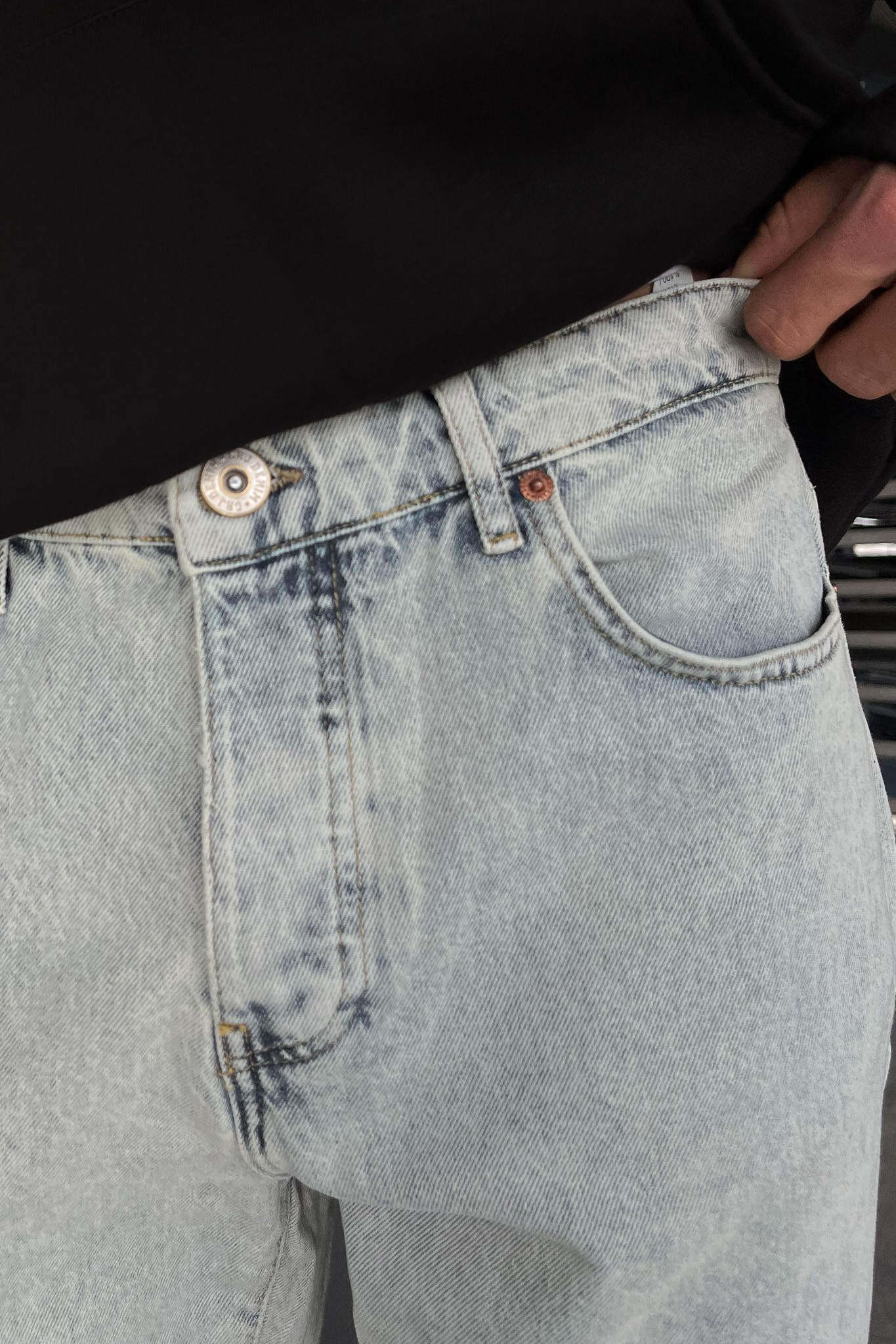 Yırtmaç Detay Yıkamalı Buz Mavi Baggy Pantolon