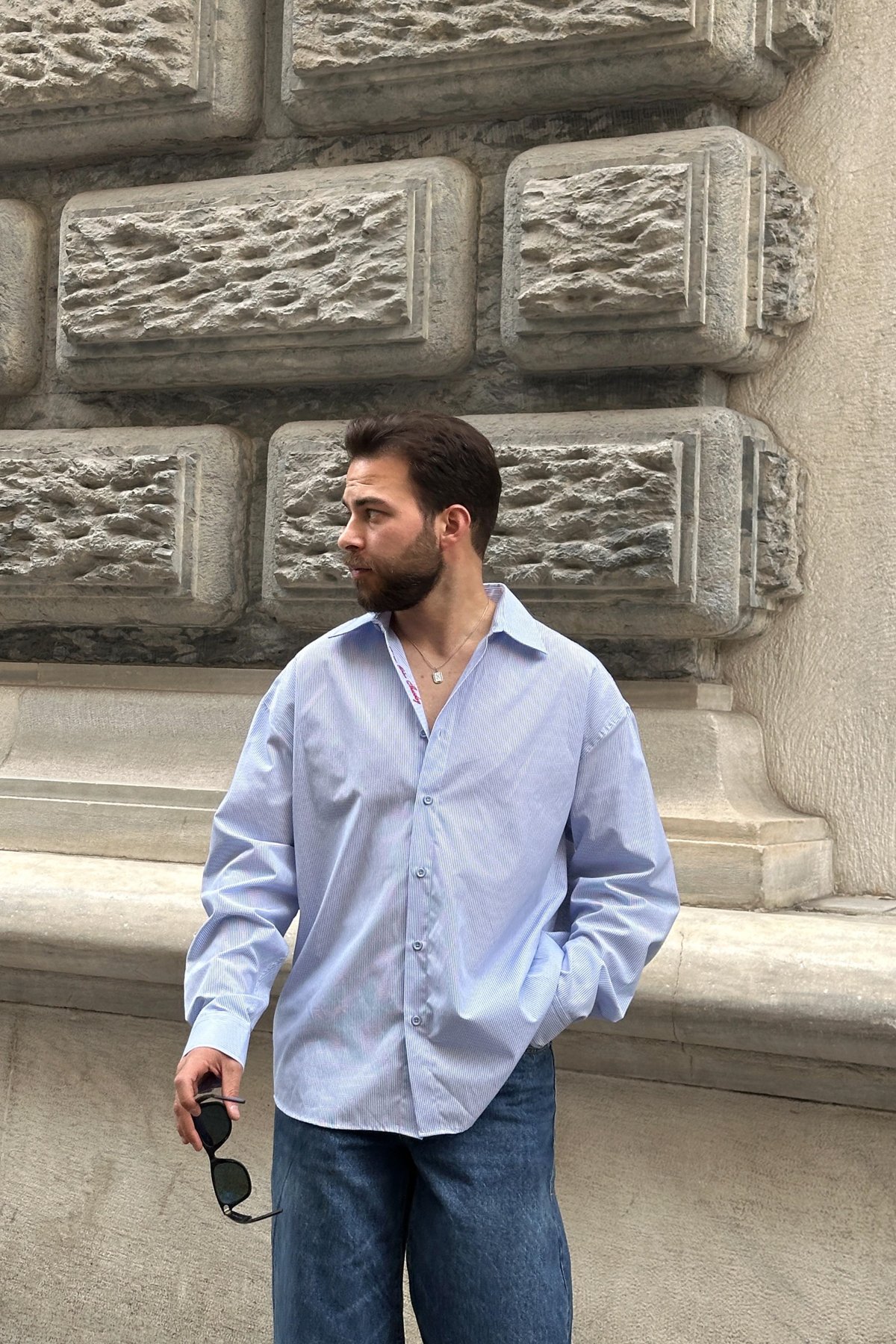 Yaka İşlemeli Çizgili Gömlek