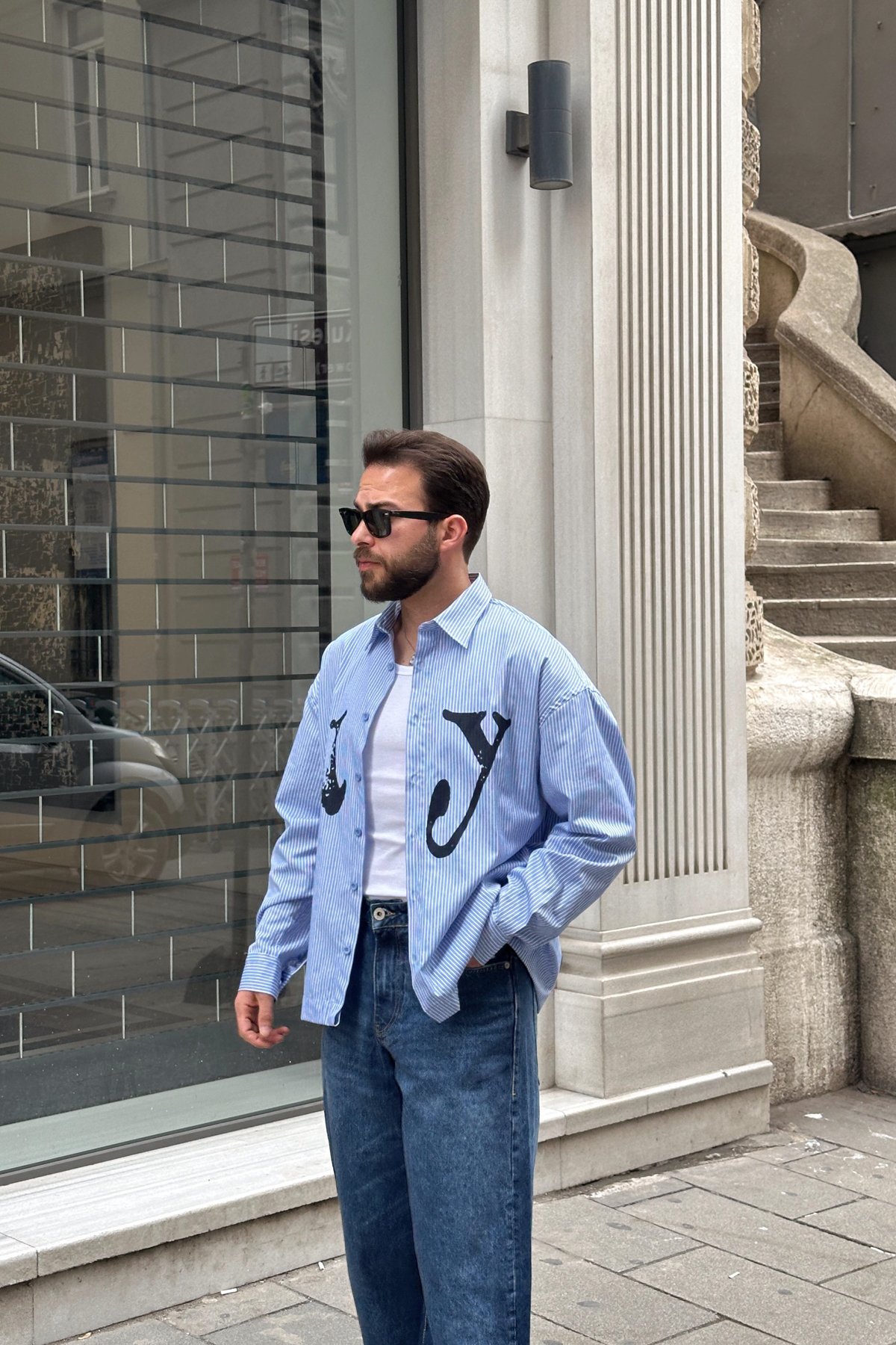 NY Baskılı Çizgili Gömlek