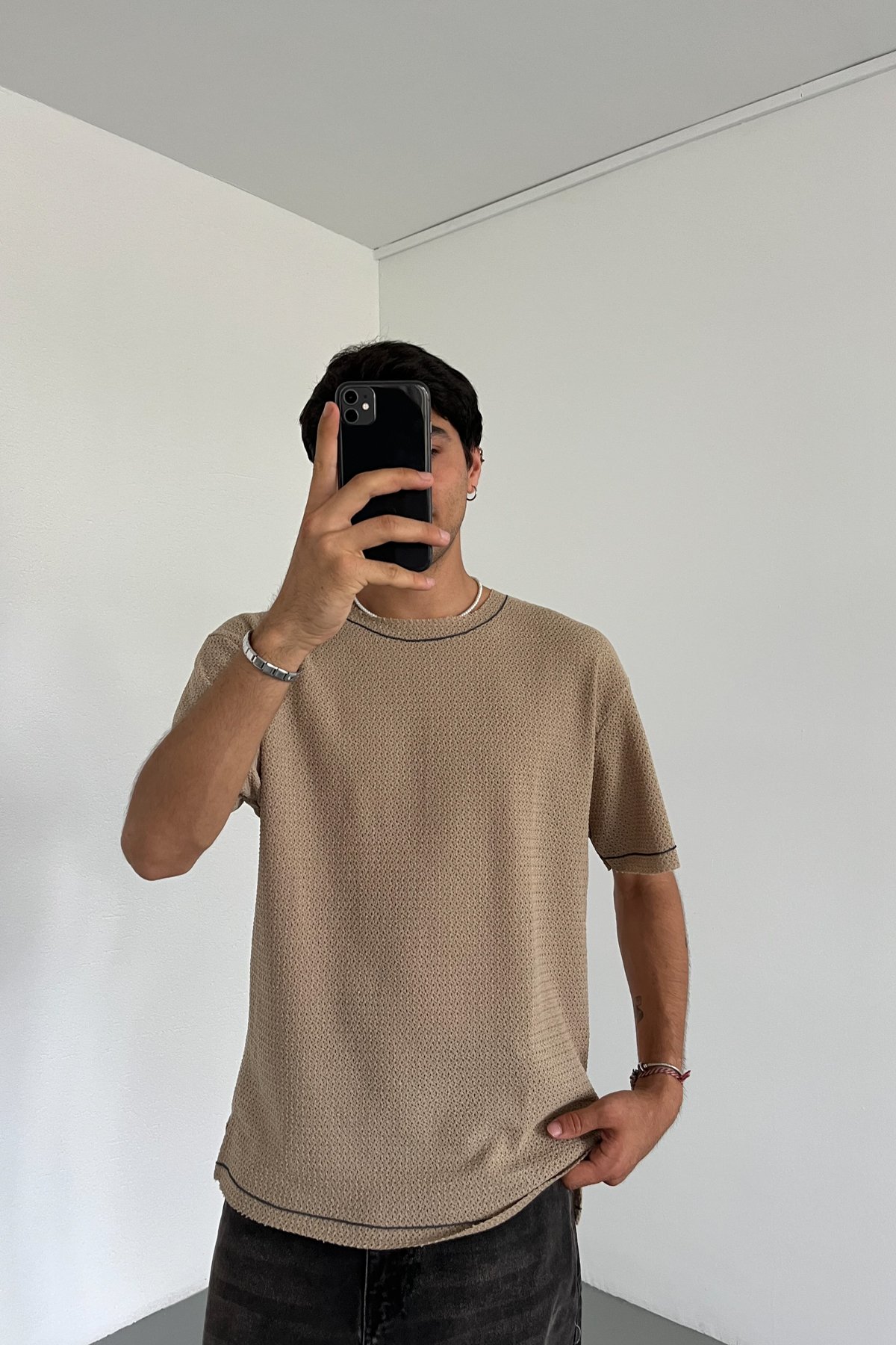 Şeritli Basic Kısa Kol T-shirt - Kahverengi